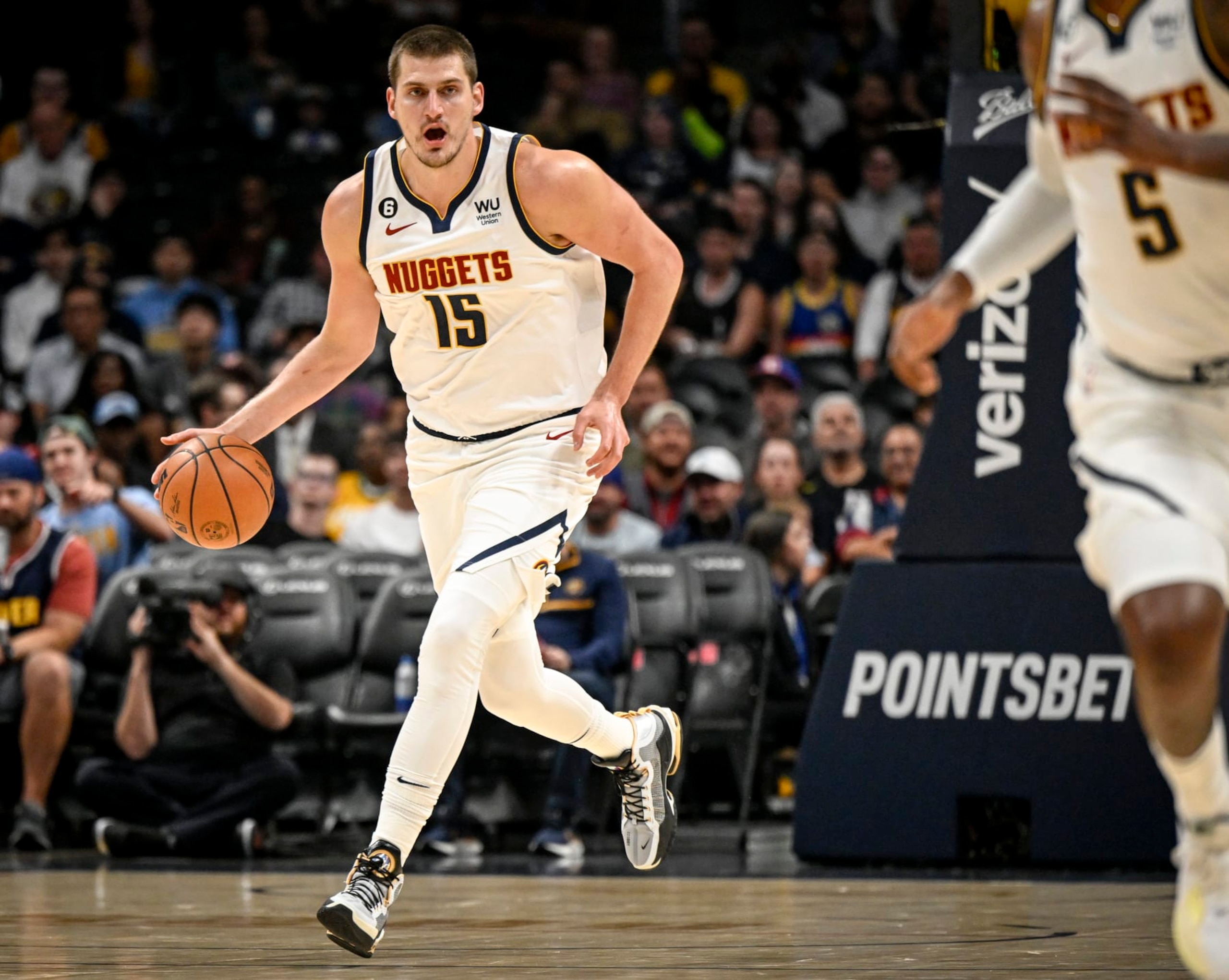 DENVER, CO - OCTOBER 3: Nikola Jokic (15) of the Denver Nuggets runs the offense against the Oklahoma City Thunder during the first quarter on Monday, October 3, 2022. (Photo by AAron Ontiveroz/MediaNews Group/The Denver Post via Getty Images)