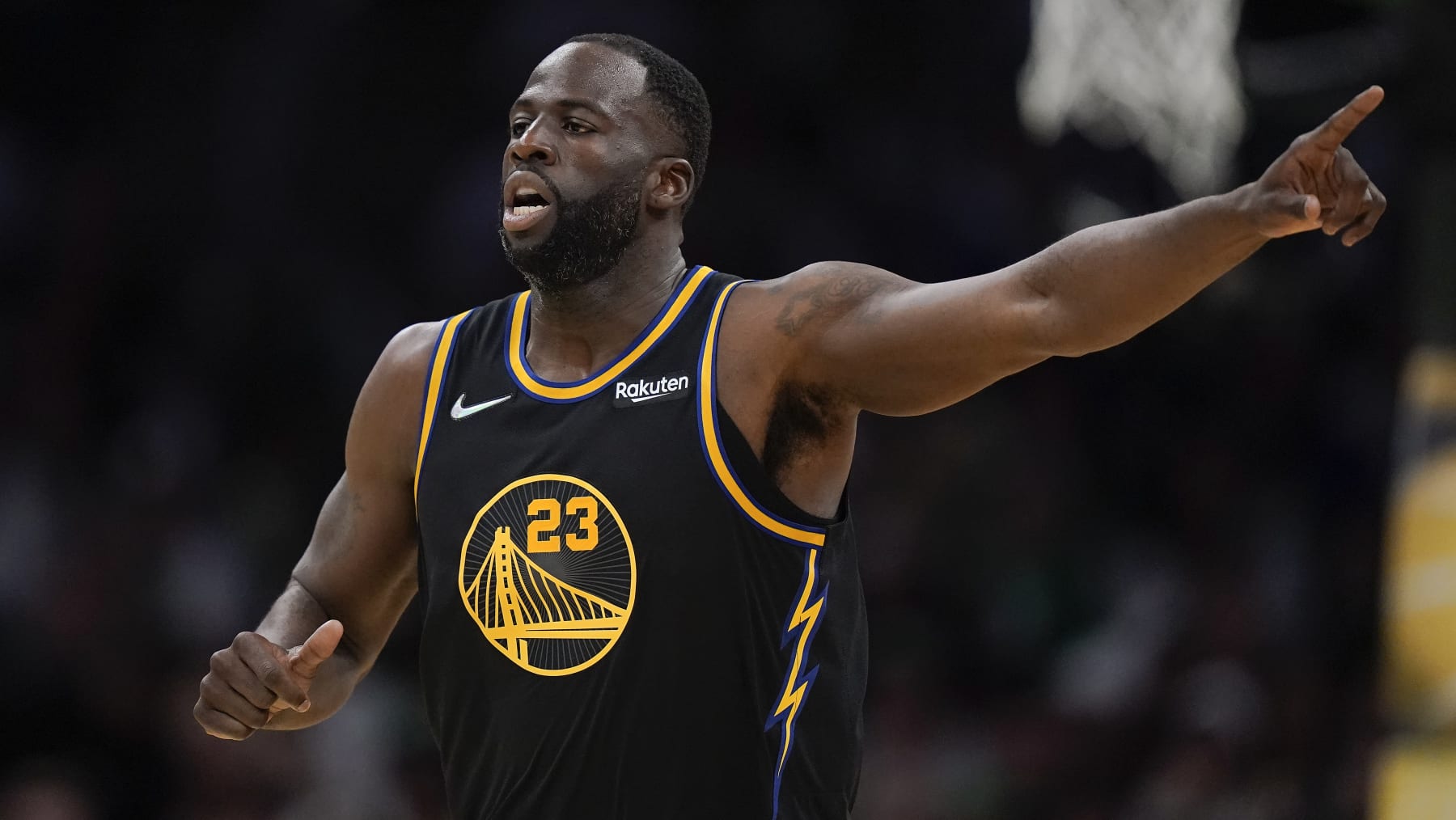 Golden State Warriors forward Draymond Green (23) reacts during Game 4 of basketball's NBA Finals against the Boston Celtics, Friday, June 10, 2022, in Boston. (AP Photo/Steven Senne)