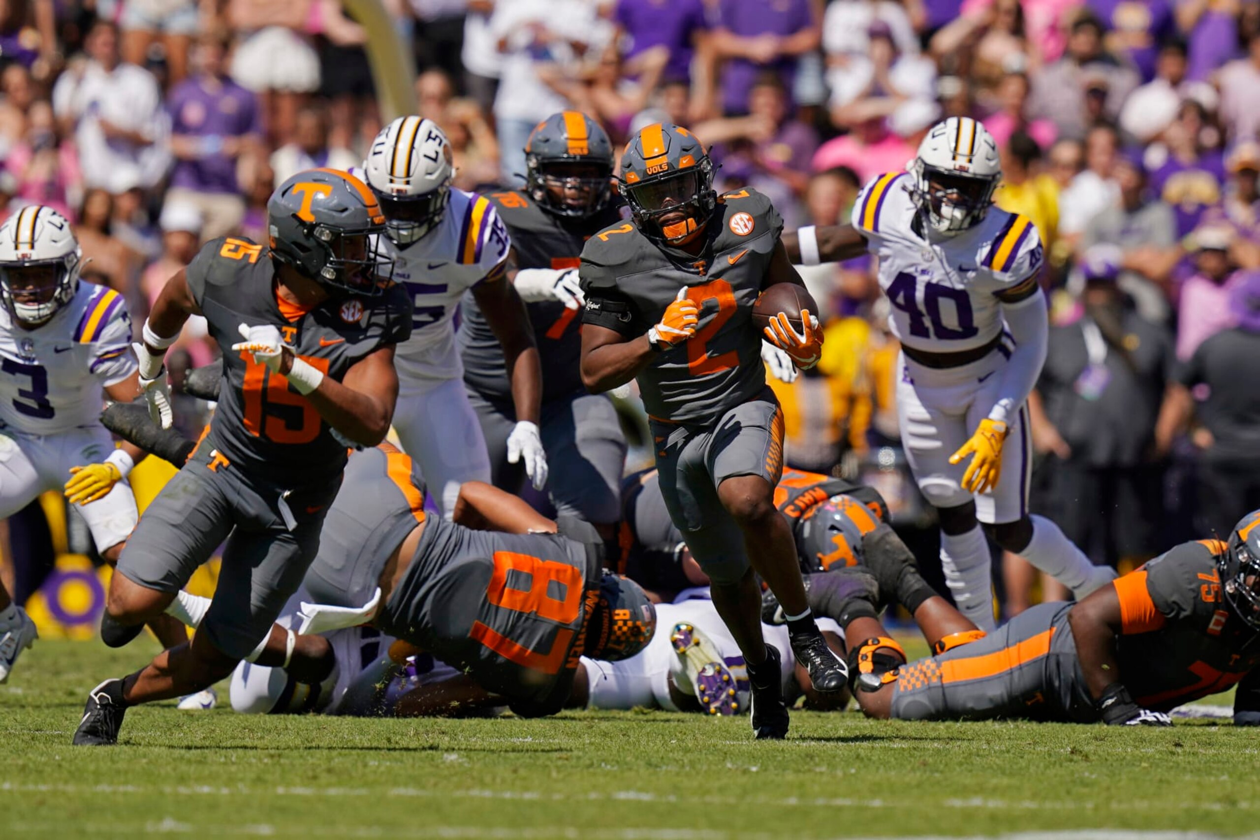 Tennessee running back Jabari Small (2) carries for a long gain in the first half of an NCAA college football game against LSU in Baton Rouge, La., Saturday, Oct. 8, 2022. (AP Photo/Gerald Herbert) Tennessee running back Jabari Small (2) carries for a long gain in the first half of an NCAA college football game against LSU in Baton Rouge, La., Saturday, Oct. 8, 2022. (AP Photo/Gerald Herbert)