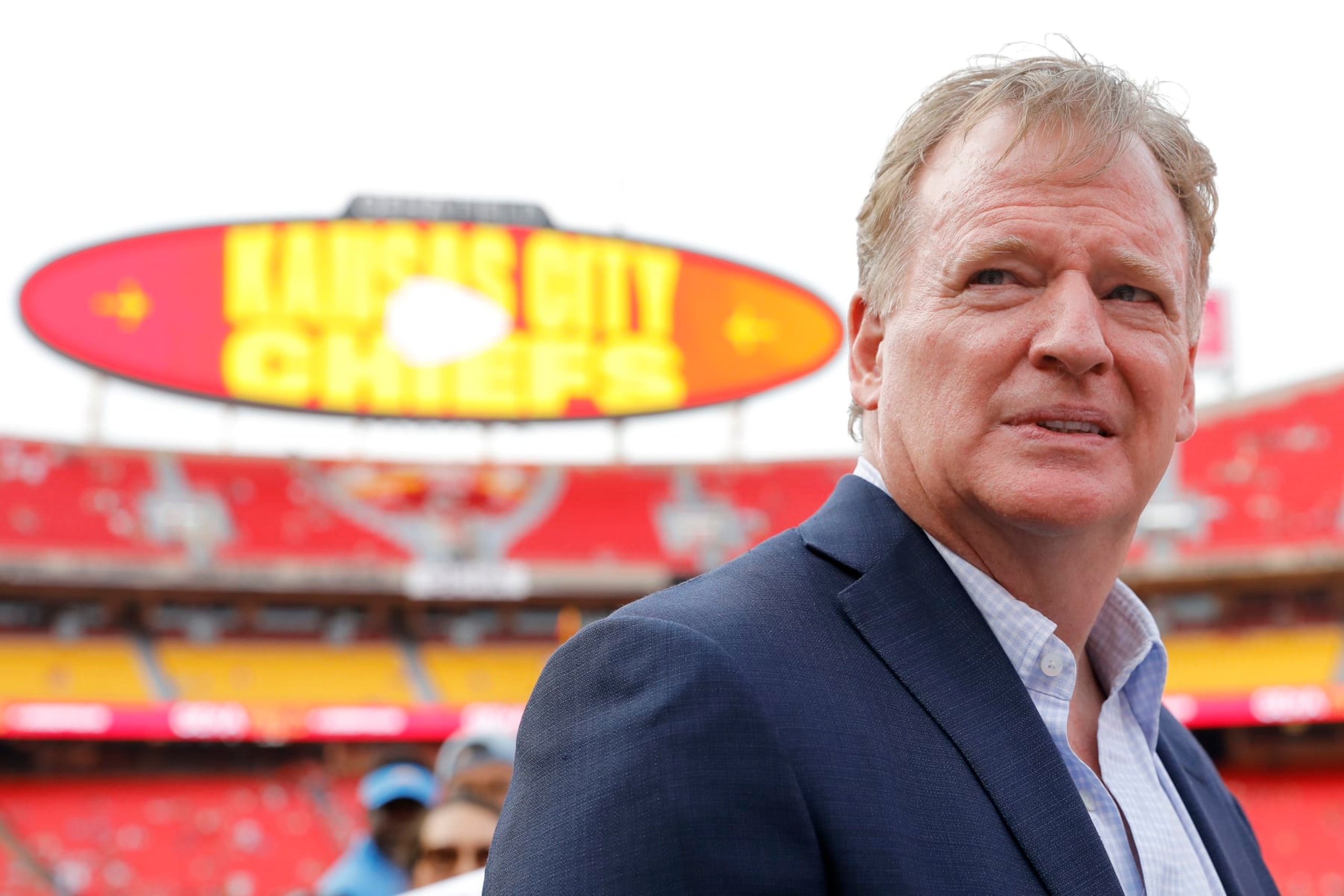KANSAS CITY, MISSOURI - SEPTEMBER 15: NFL Commissioner Roger Goodell on the field prior to the game between the Los Angeles Chargers and Kansas City Chiefs at Arrowhead Stadium on September 15, 2022 in Kansas City, Missouri. (Photo by David Eulitt/Getty Images)