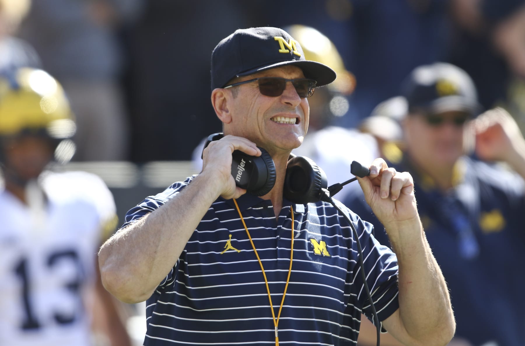 IOWA CITY, IOWA- OCTOBER 01: Head coach Jim Harbaugh of the Michigan Wolverines reacts during a break in the action in the first half against the Iowa Hawkeyes at Kinnick Stadium, on October 1, 2022 in Iowa City, Iowa. (Photo by Matthew Holst/Getty Images)