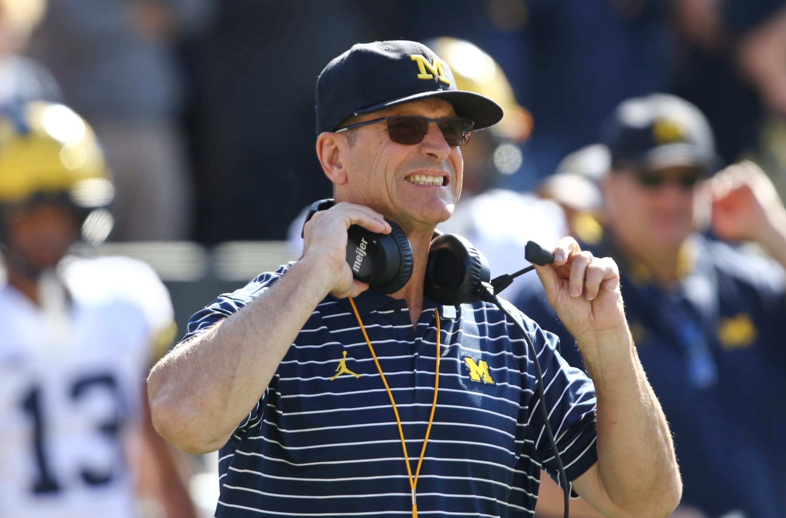 IOWA CITY, IOWA- OCTOBER 01: Head coach Jim Harbaugh of the Michigan Wolverines reacts during a break in the action in the first half against the Iowa Hawkeyes at Kinnick Stadium, on October 1, 2022 in Iowa City, Iowa. (Photo by Matthew Holst/Getty Images)