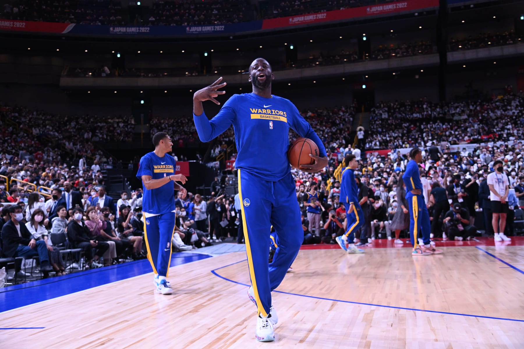 SAITAMA, JAPAN - OCTOBER 2: Draymond Green of the Golden State Warriors warms up against the Washington Wizards the NBA Japan Games 2022 at Saitama Super Arena on October 2, 2022 in Saitama, Japan. NOTE TO USER: User expressly acknowledges and agrees that, by downloading and/or using this Photograph, user is consenting to the terms and conditions of the Getty Images License Agreement. Mandatory Copyright Notice: Copyright 2022 NBAE (Photo by Noah Graham/NBAE via Getty Images)