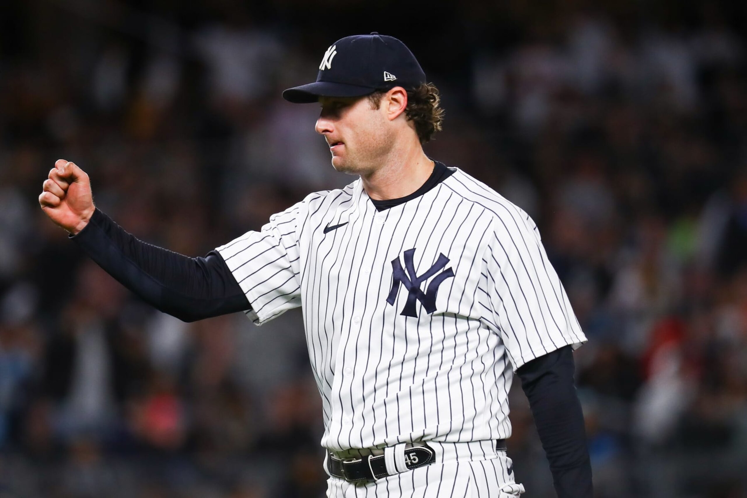 NEW YORK, NY - SEPTEMBER 23: Gerrit Cole #45 of the New York Yankees reacts during the game between the Boston Red Sox and the New York Yankees at Yankee Stadium on Friday, September 23, 2022 in New York, New York. (Photo by Mary DeCicco/MLB Photos via Getty Images)