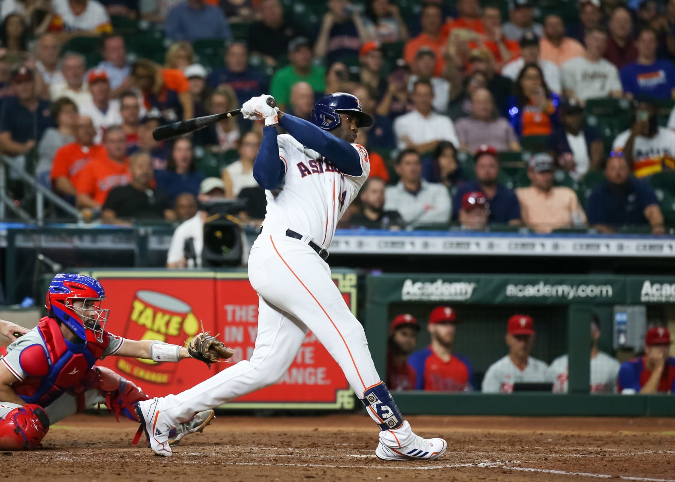 HOUSTON, TX - OCTOBER 04:  Houston Astros designated hitter Yordan Alvarez (44) watches his hit in the bottom of the fifth inning during the MLB game between the Philadelphia Phillies and Houston Astros on October 4, 2022 at Minute Maid Park in Houston, Texas.  (Photo by Leslie Plaza Johnson/Icon Sportswire via Getty Images)