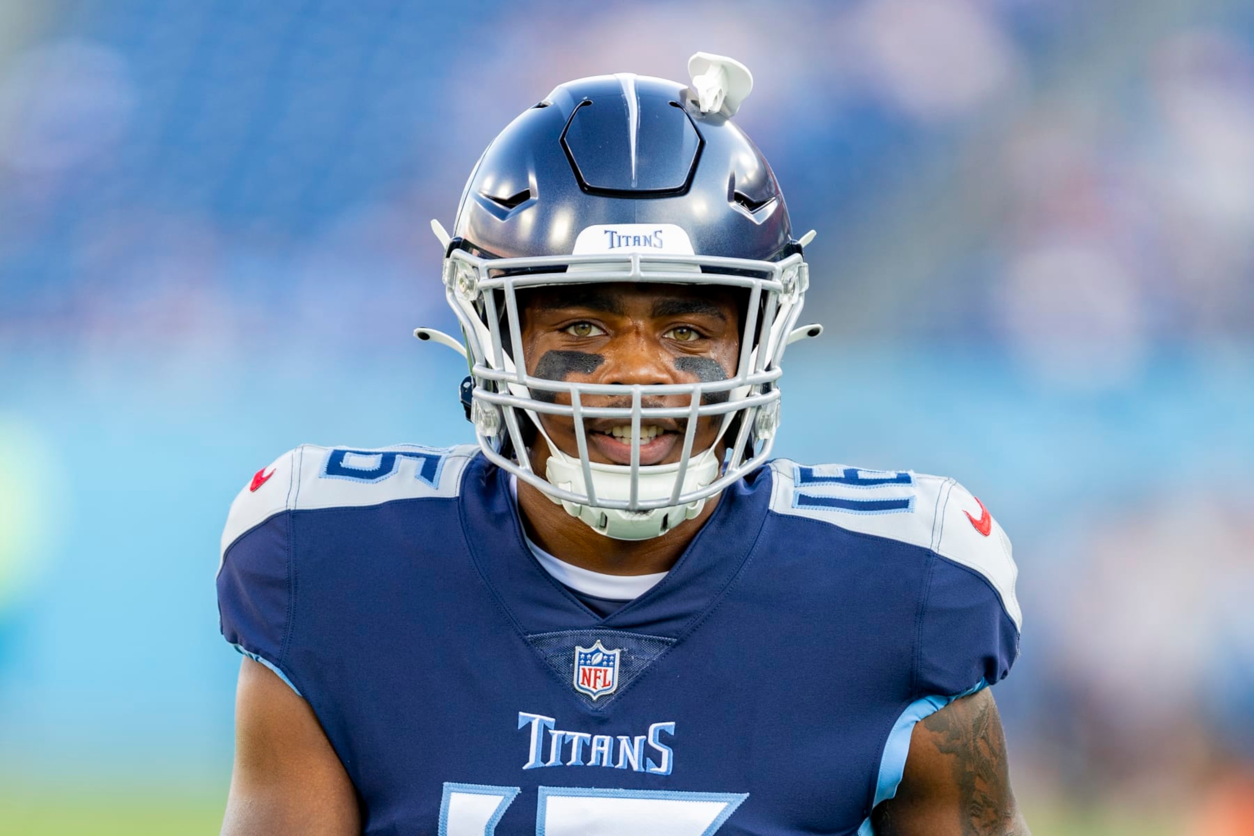 NASHVILLE, TENNESSEE - AUGUST 20: Treylon Burks #16 of the Tennessee Titans warms up before a preseason game against the Tennessee Titans at Nissan Stadium on August 20, 2022 in Nashville, Tennessee. The Titans defeated the Buccaneers 13-3.  (Photo by Wesley Hitt/Getty Images)