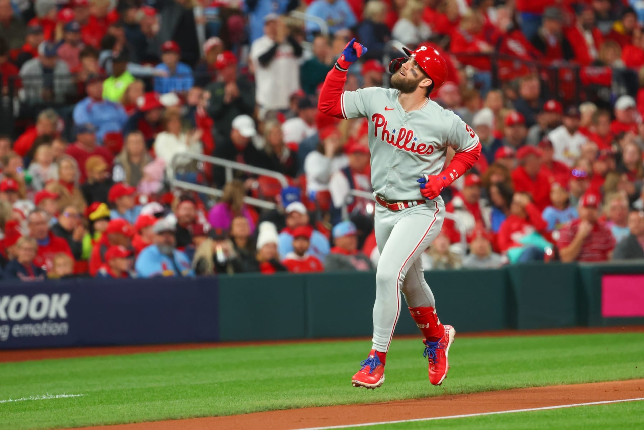 ST. LOUIS, MO - OCTOBER 08:    Bryce Harper #3 of the Philadelphia Phillies reacts as he rounds the bases after hitting a home run in the second inning during the Wild Card Series game between the Philadelphia Phillies and the St. Louis Cardinals at Busch Stadium on Saturday, October 8, 2022 in St. Louis, Missouri. (Photo by Dilip Vishwanat/MLB Photos via Getty Images)
