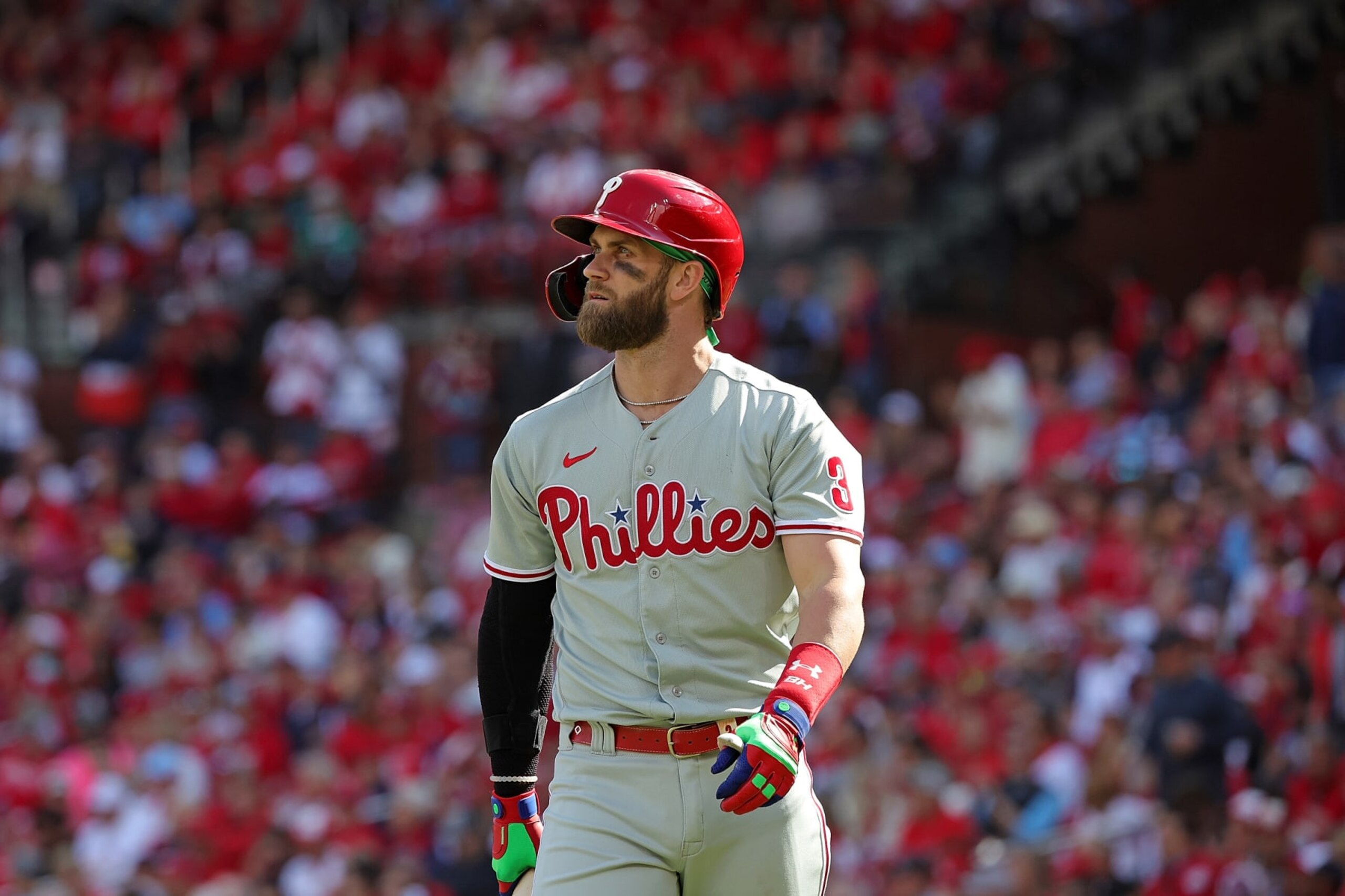 ST LOUIS, MISSOURI - OCTOBER 07: Bryce Harper #3 of the Philadelphia Phillies reacts to a strike out during the fourth inning against the St. Louis Cardinals during Game One of the NL Wild Card series at Busch Stadium on October 07, 2022 in St Louis, Missouri. (Photo by Stacy Revere/Getty Images)
