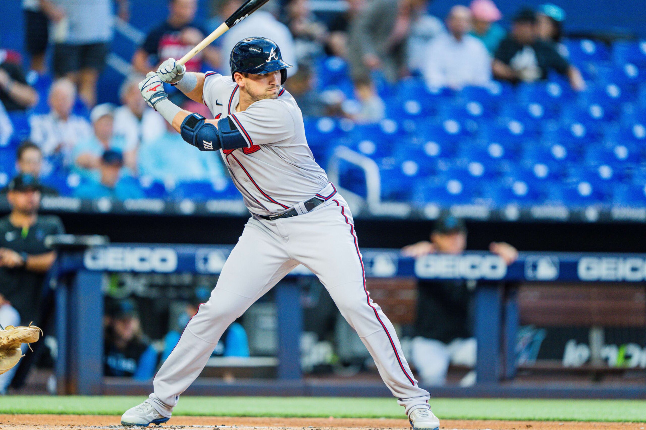 MIAMI, FL - OCTOBER 04: Austin Riley #27 of the Atlanta Braves at bat during the first inning against the Miami Marlins at loanDepot park on October 4, 2022 in Miami, Florida. (Photo by Kevin D. Liles/Atlanta Braves/Getty Images)
