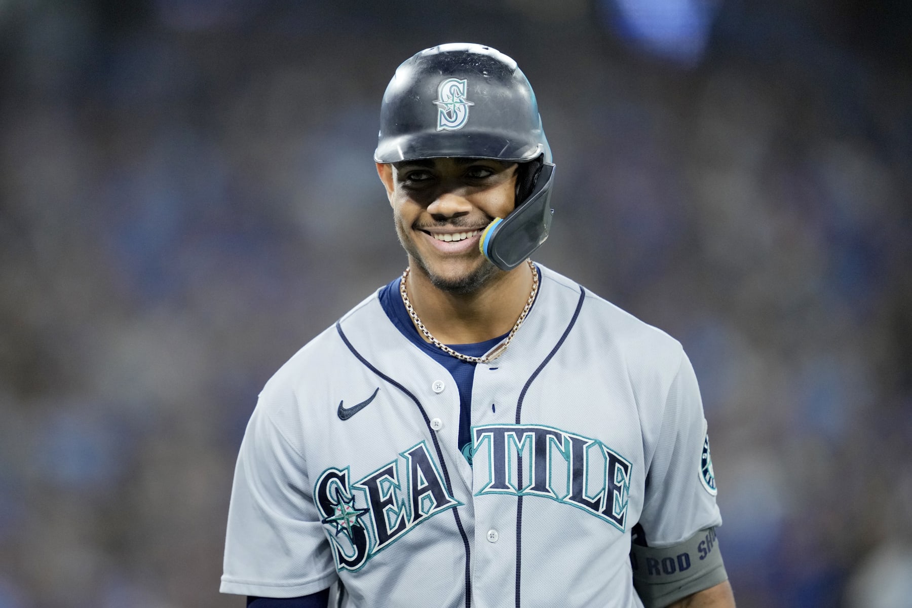 TORONTO, ONTARIO - OCTOBER 08: Julio Rodriguez #44 of the Seattle Mariners reacts to a line out against the Toronto Blue Jays during the third inning in game two of the American League Wild Card Series at Rogers Centre on October 08, 2022 in Toronto, Ontario. (Photo by Mark Blinch/Getty Images)