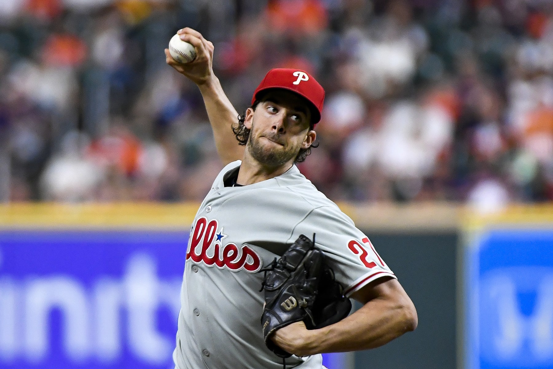 HOUSTON, TEXAS - OCTOBER 03: Aaron Nola #27 of the Philadelphia Phillies pitches in the first inning against the Houston Astros at Minute Maid Park on October 03, 2022 in Houston, Texas. (Photo by Logan Riely/Getty Images)