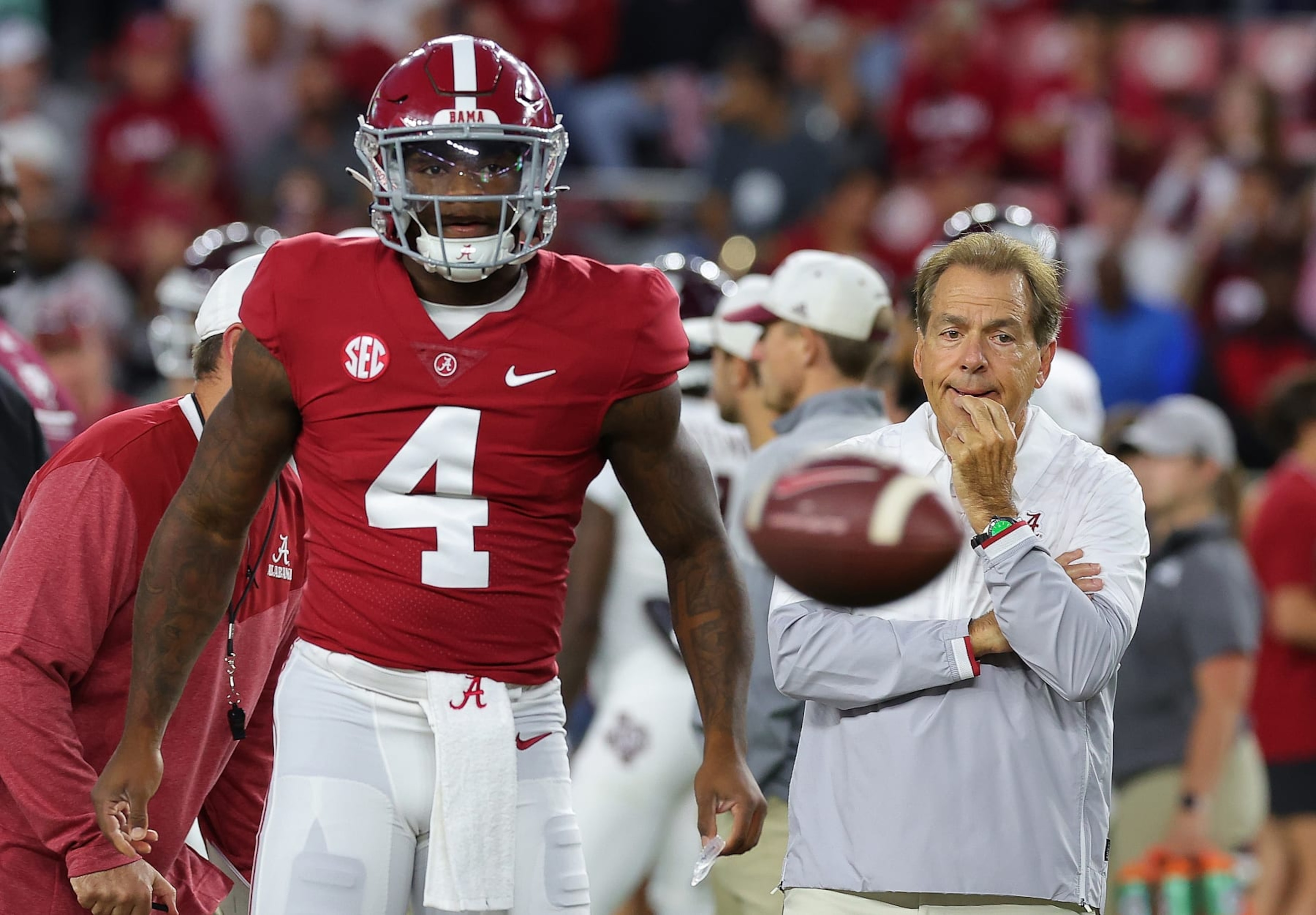 TUSCALOOSA, ALABAMA - OCTOBER 08: Head coach Nick Saban of the Alabama Crimson Tide looks on during pregame warmups prior to facing the Texas A&M Aggies at Bryant-Denny Stadium on October 08, 2022 in Tuscaloosa, Alabama. (Photo by Kevin C. Cox/Getty Images) TUSCALOOSA, ALABAMA - OCTOBER 08: Head coach Nick Saban of the Alabama Crimson Tide looks on during pregame warmups prior to facing the Texas A&M Aggies at Bryant-Denny Stadium on October 08, 2022 in Tuscaloosa, Alabama. (Photo by Kevin C. Cox/Getty Images)