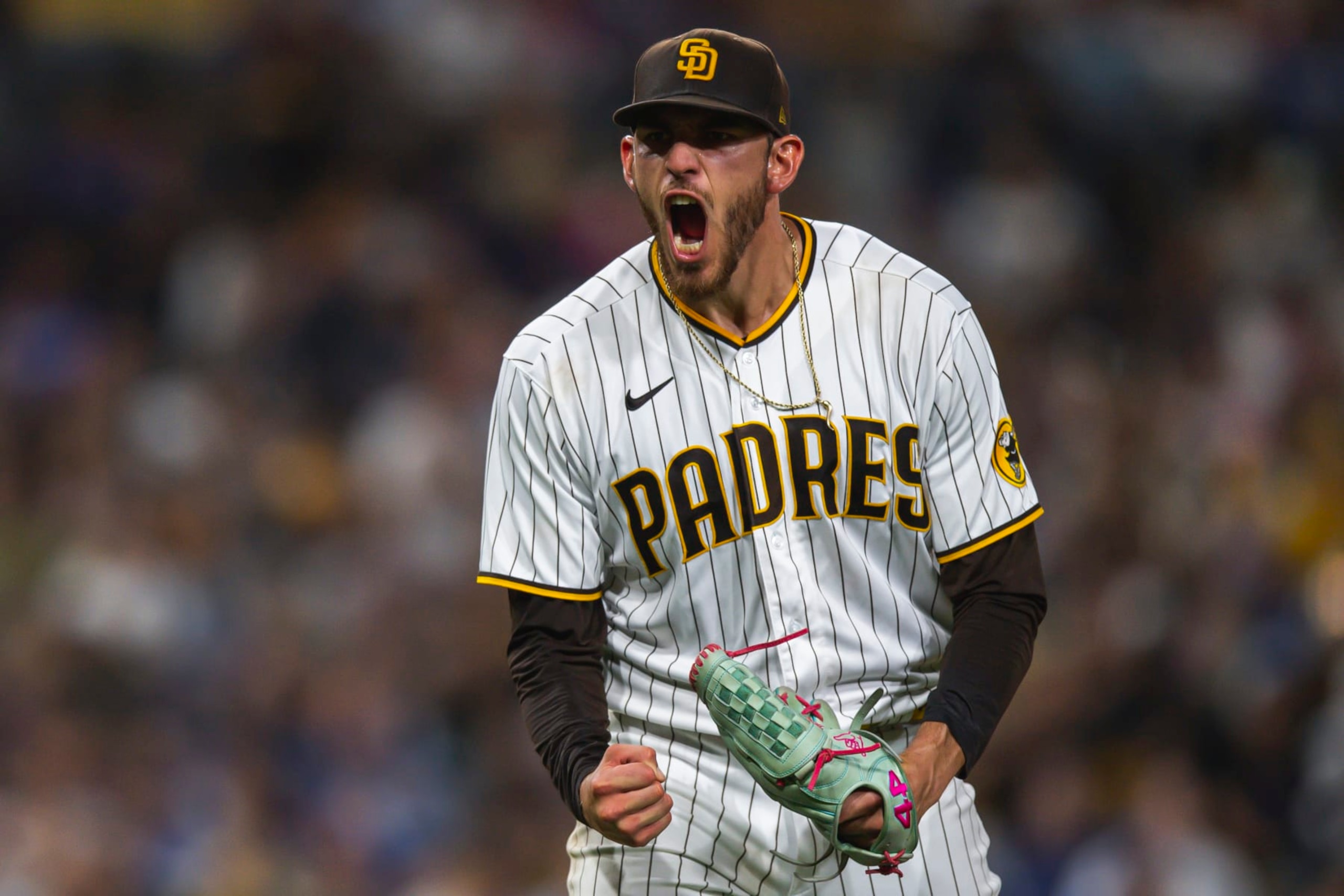 SAN DIEGO, CA - SEPTEMBER 28: Joe Musgrove #44 of the San Diego Padres celebrates after a strikeout at the end the fifth inning against the Los Angeles Dodgers at PETCO Park on September 28, 2022 in San Diego, California. (Photo by Matt Thomas/San Diego Padres/Getty Images)