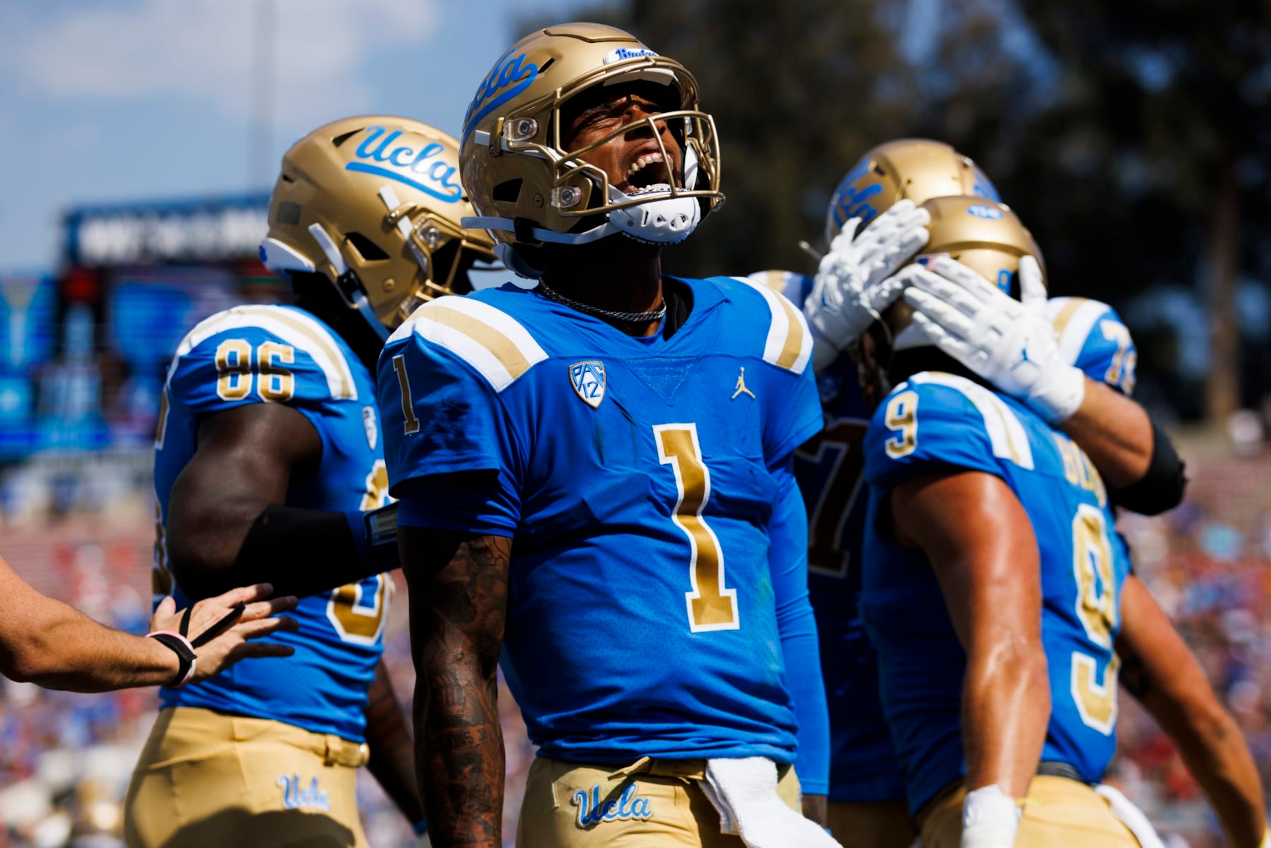 PASADENA, CA - OCTOBER 29: UCLA Bruins quarterback Dorian Thompson-Robinson (1) celebrates a touchdown during the college football game between the Utah Utes and the UCLA Bruins on Saturday, October 8, 2022 at the Rose Bowl in Pasadena, CA. (Photo by Ric Tapia/Icon Sportswire via Getty Images)