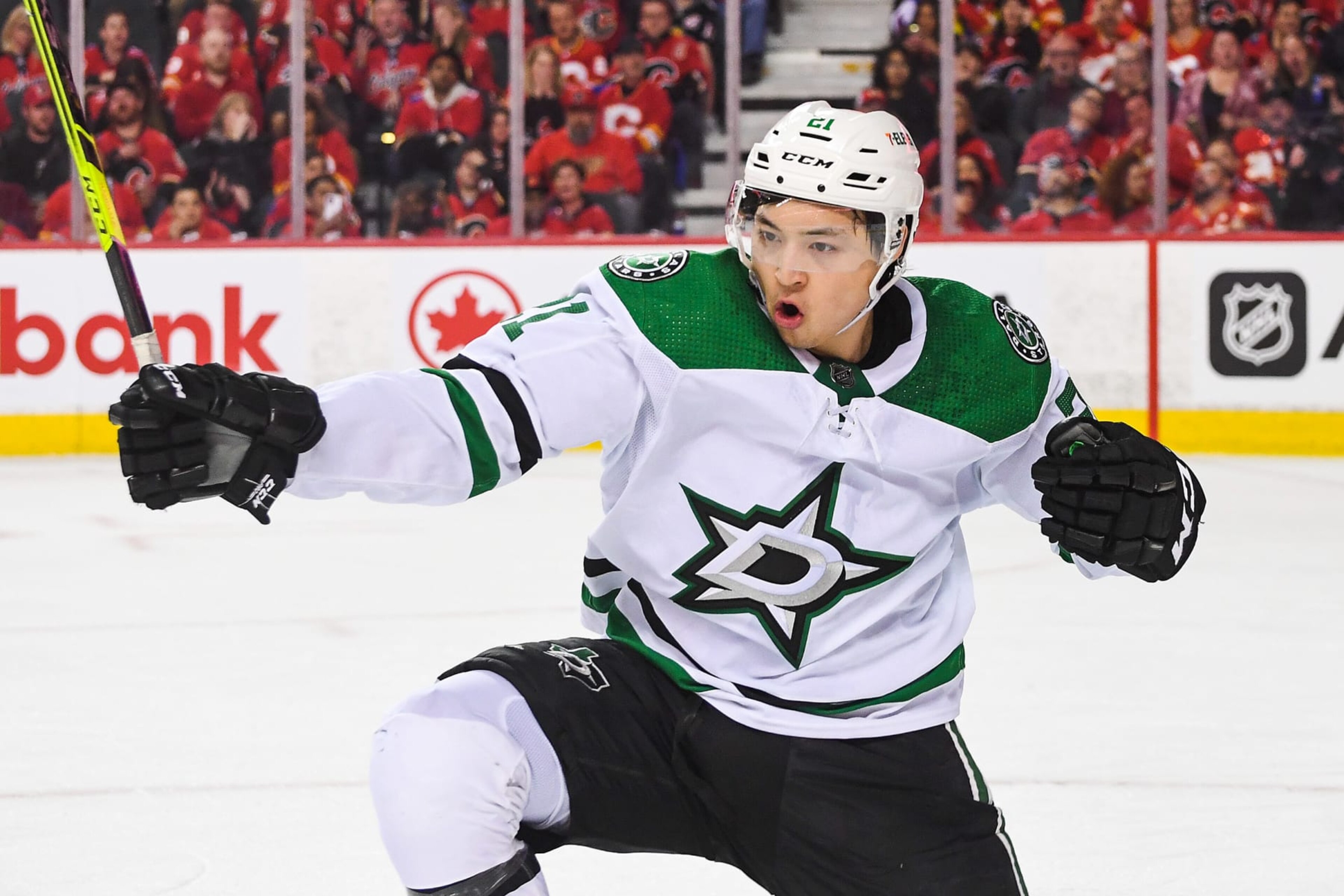CALGARY, AB - MAY 11: Jason Robertson #21 of the Dallas Stars celebrates after scoring against the Calgary Flames during the second period of Game Five of the First Round of the 2022 Stanley Cup Playoffs at Scotiabank Saddledome on May 11, 2022 in Calgary, Alberta, Canada. (Photo by Derek Leung/Getty Images)