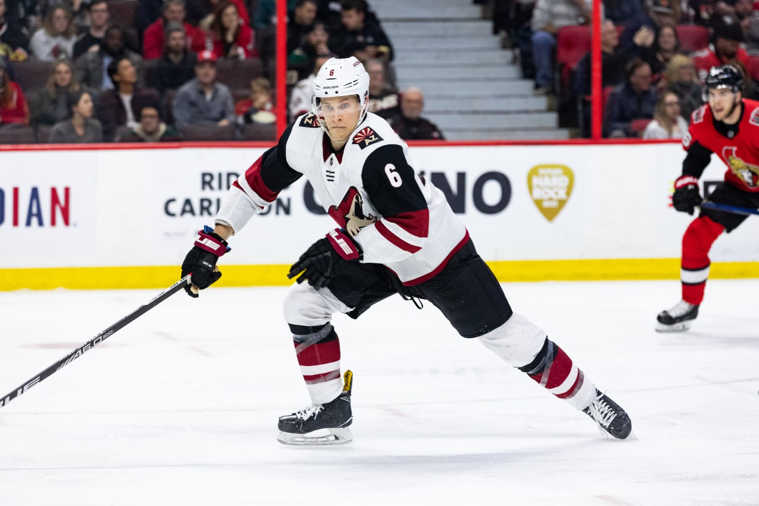 OTTAWA, ON - JANUARY 22: Arizona Coyotes Defenceman Jakob Chychrun (6) tracks down the play during second period National Hockey League action between the Arizona Coyotes and Ottawa Senators on January 22, 2019, at Canadian Tire Centre in Ottawa, ON, Canada. (Photo by Richard A. Whittaker/Icon Sportswire via Getty Images)