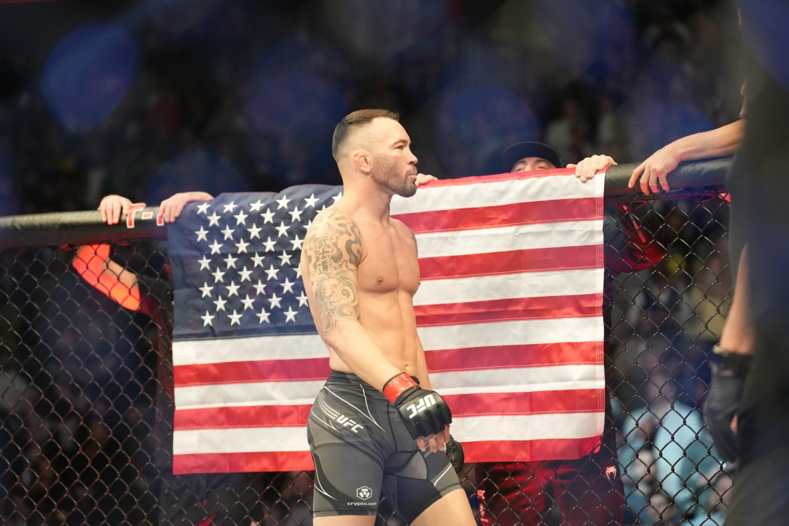LAS VEGAS, NV - MARCH 05: Colby Covington prepares to fight Jorge Masvidal in their Welterweight bout for UFC 272 on March 5, 2022, at T-Mobile Arena in Las Vegas, NV. (Photo by Louis Grasse/PxImages/Icon Sportswire via Getty Images)