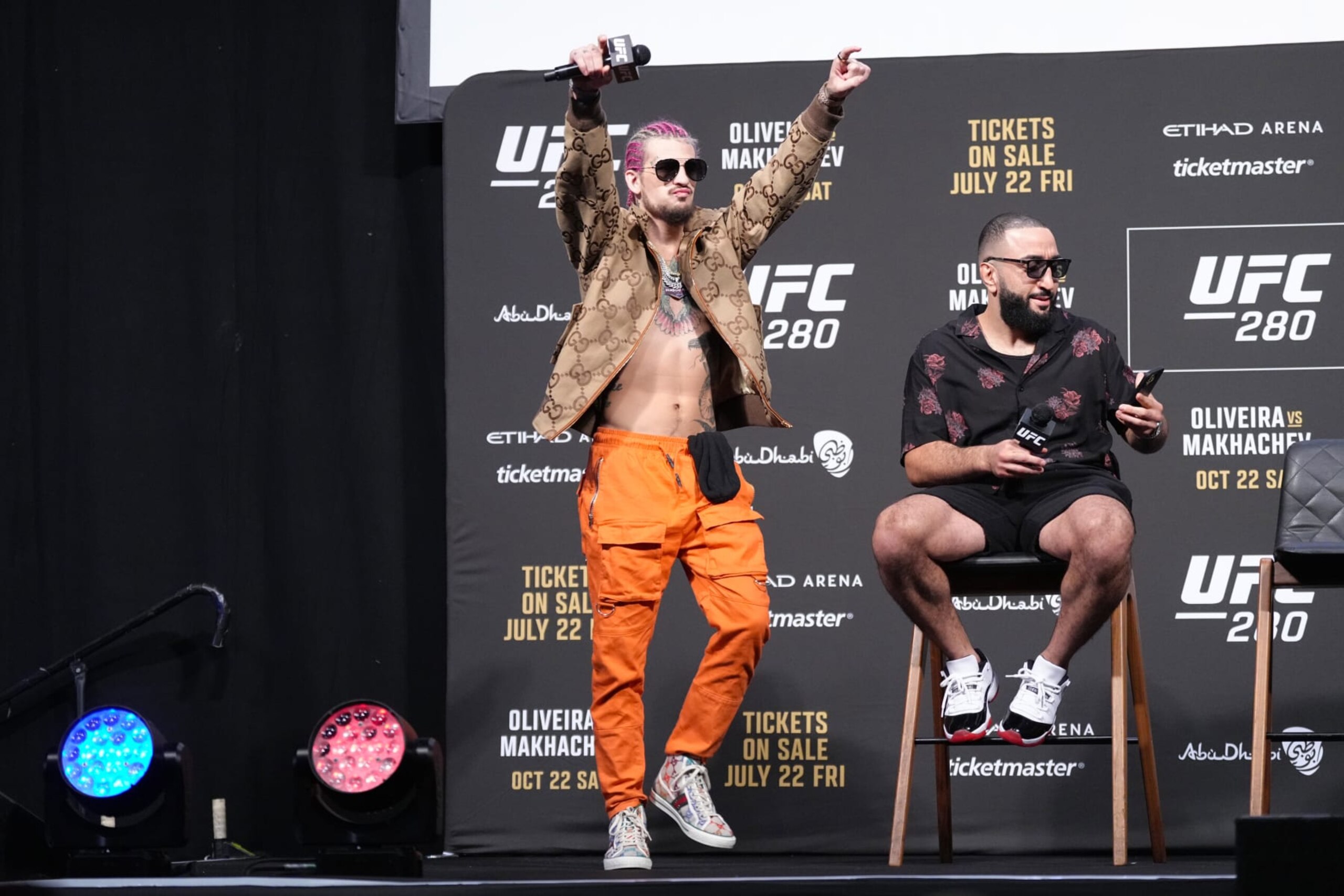 LONDON, ENGLAND - JULY 22:  Sean O'Malley walks on stage during the UFC 280 Press Conference at O2 Arena on July 22, 2022 in London, England. (Photo by Jeff Bottari/Zuffa LLC)