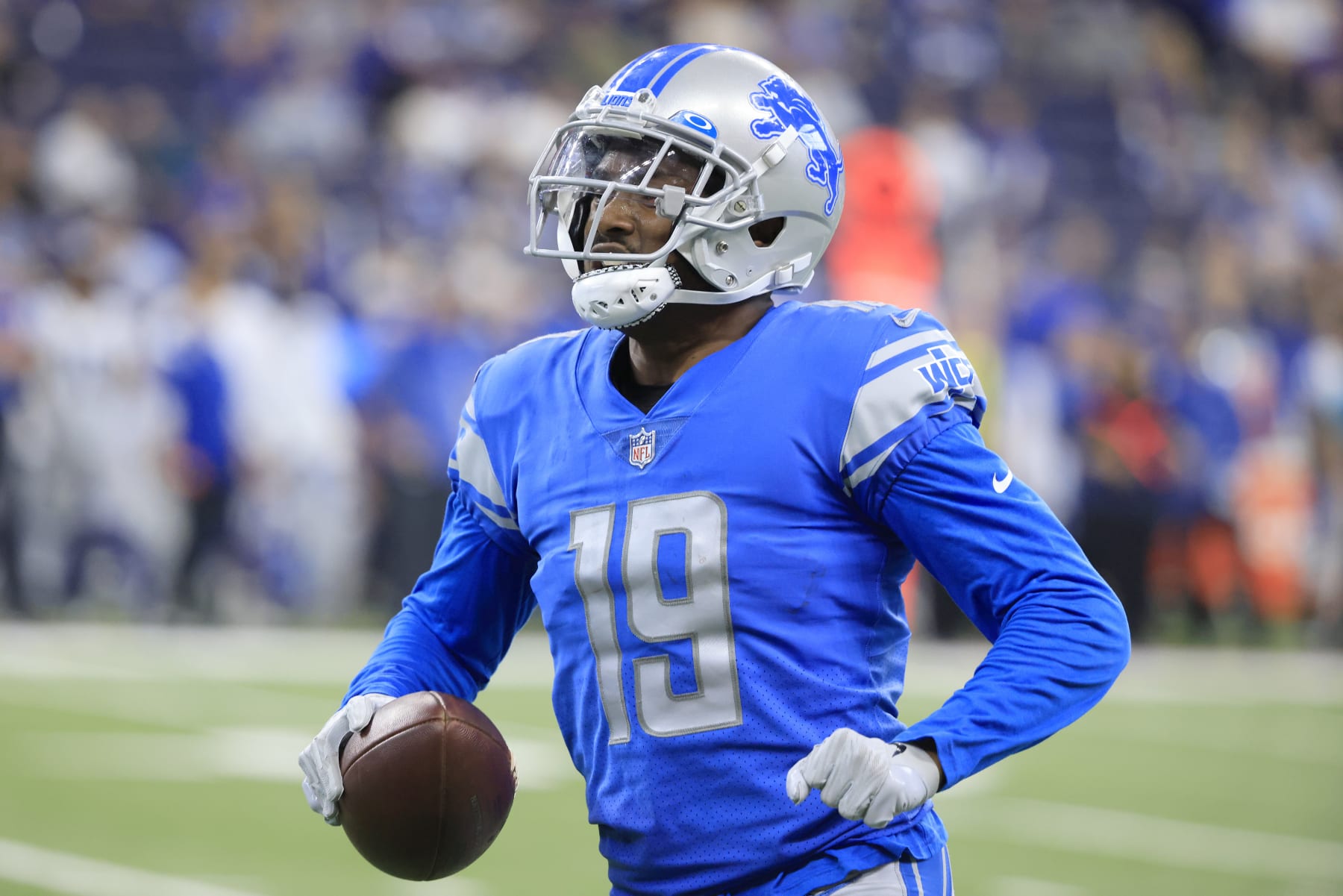 INDIANAPOLIS, INDIANA - AUGUST 20: Saivion Smith #19 of the Detroit Lions reacts after a play in the preseason game against the Indianapolis Colts at Lucas Oil Stadium on August 20, 2022 in Indianapolis, Indiana. (Photo by Justin Casterline/Getty Images)