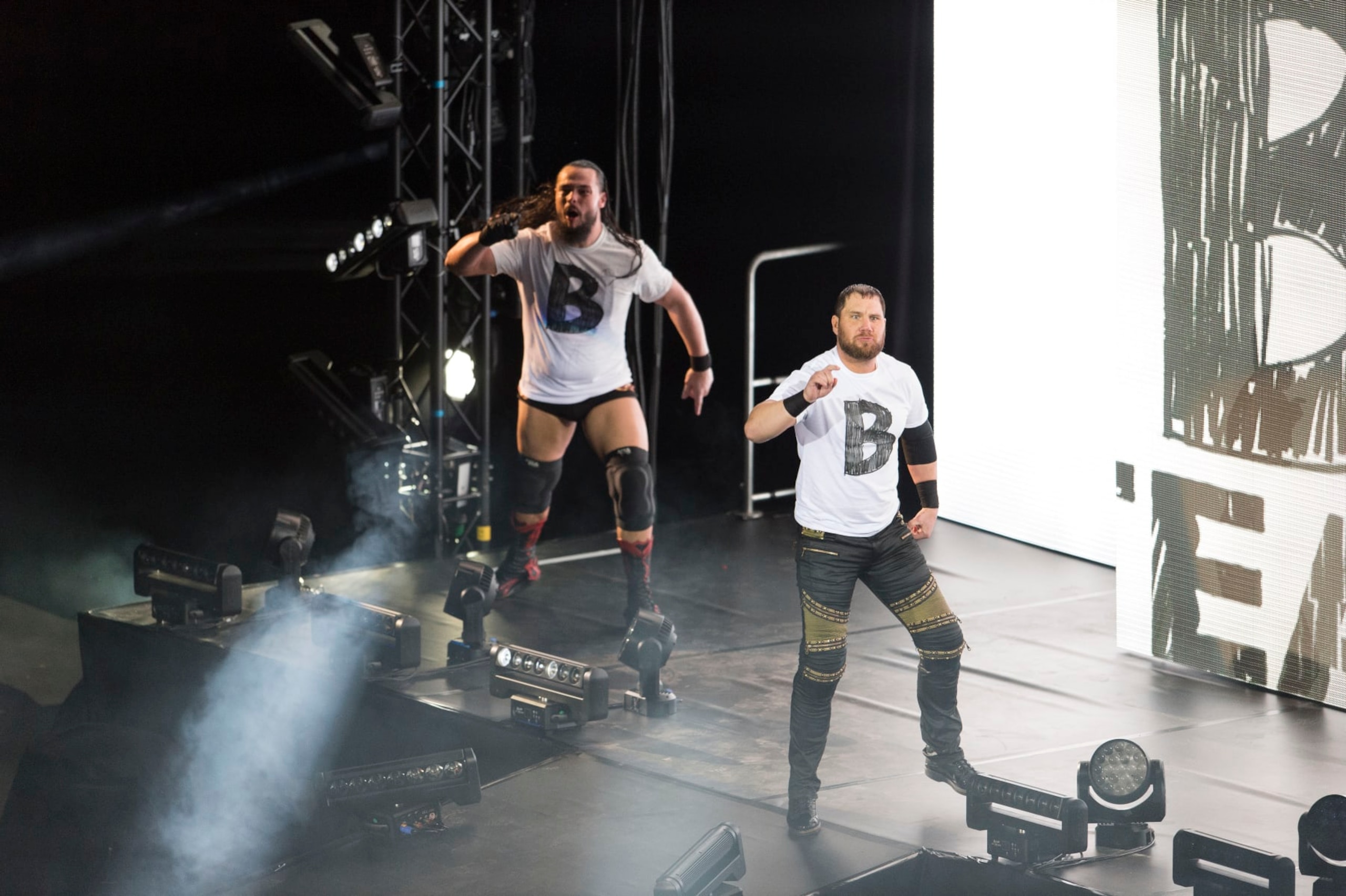 COLOGNE, GERMANY - NOVEMBER 07: B-Team during the WWE Live Show at Lanxess Arena on November 7, 2018 in Cologne, Germany. (Photo by Marc Pfitzenreuter/Getty Images)