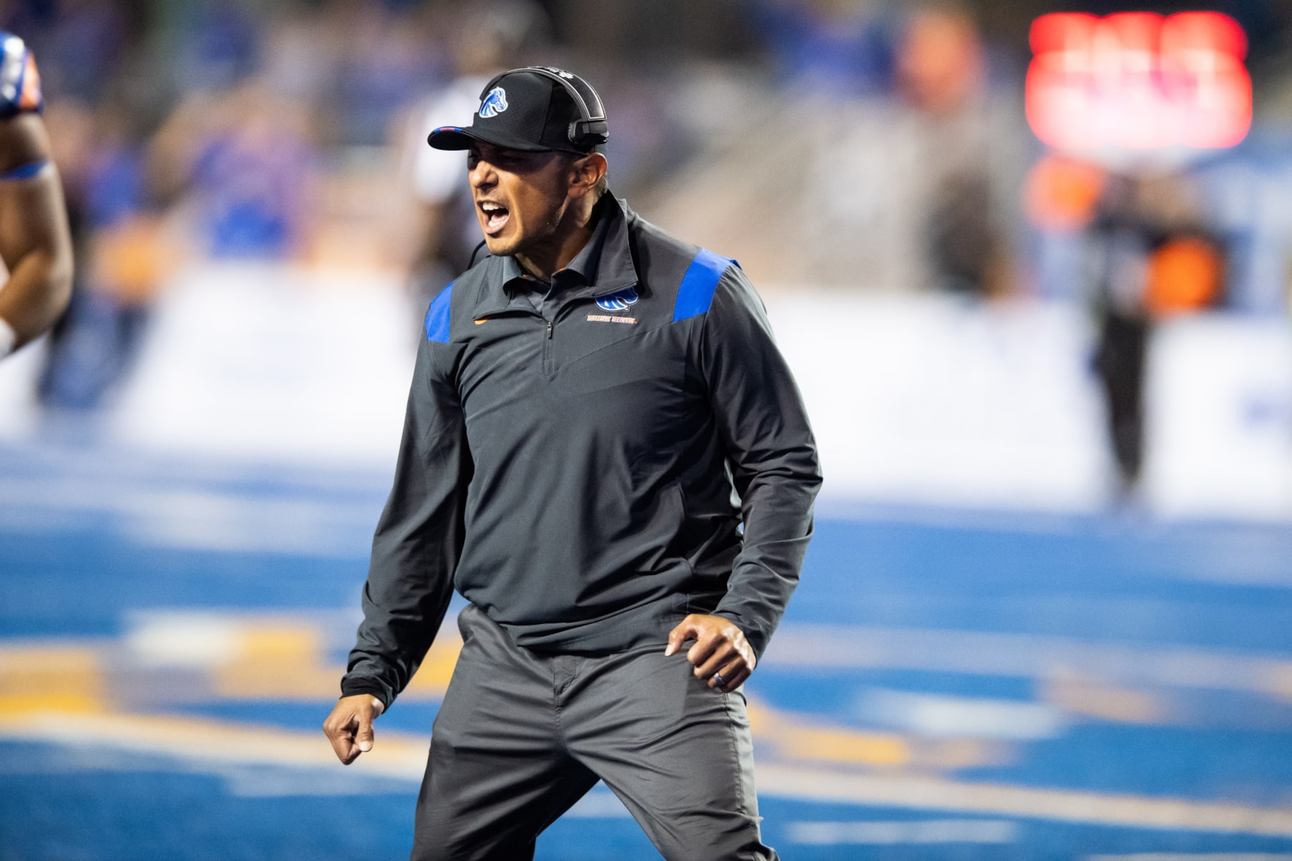 BOISE, ID - SEPTEMBER 30: Boise State Broncos head coach Andy Avalos celebrates after a big play during a college football game between the Boise State Broncos and the San Diego State Aztecs on September 30, 2022, at Albertsons Stadium in Boise, ID. (Photo by Tyler Ingham/Icon Sportswire via Getty Images)
