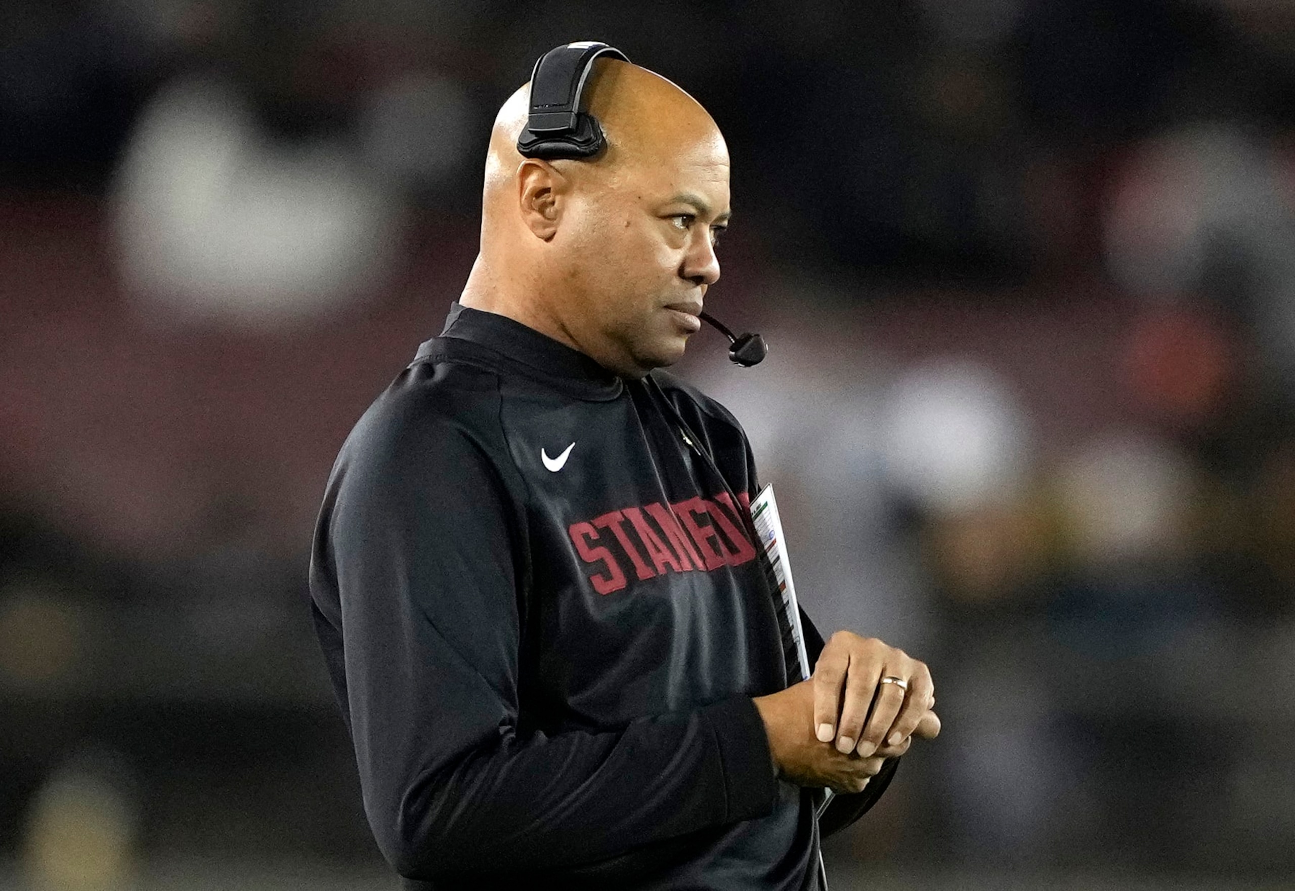 STANFORD, CALIFORNIA - OCTOBER 08: Head coach David Shaw of the Stanford Cardinal looks on from the sidelines against the Oregon State Beavers during the third quarter at Stanford Stadium on October 08, 2022 in Stanford, California. (Photo by Thearon W. Henderson/Getty Images)