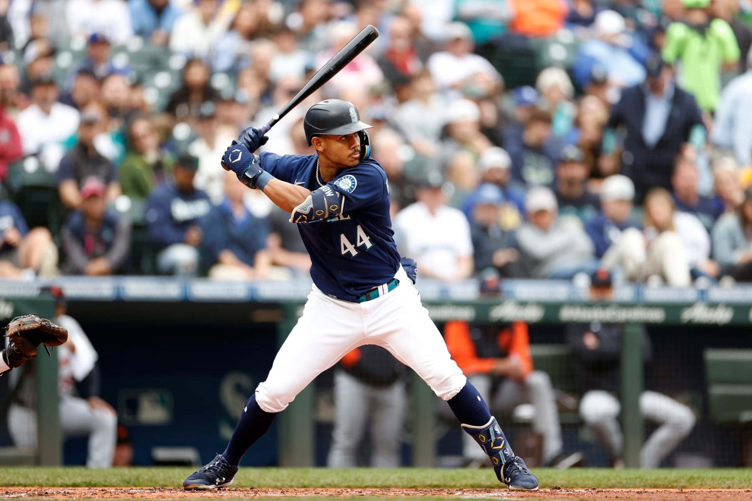 SEATTLE, WASHINGTON - OCTOBER 05: Julio Rodriguez #44 of the Seattle Mariners at bat during the third inning against the Detroit Tigers at T-Mobile Park on October 05, 2022 in Seattle, Washington. (Photo by Steph Chambers/Getty Images)