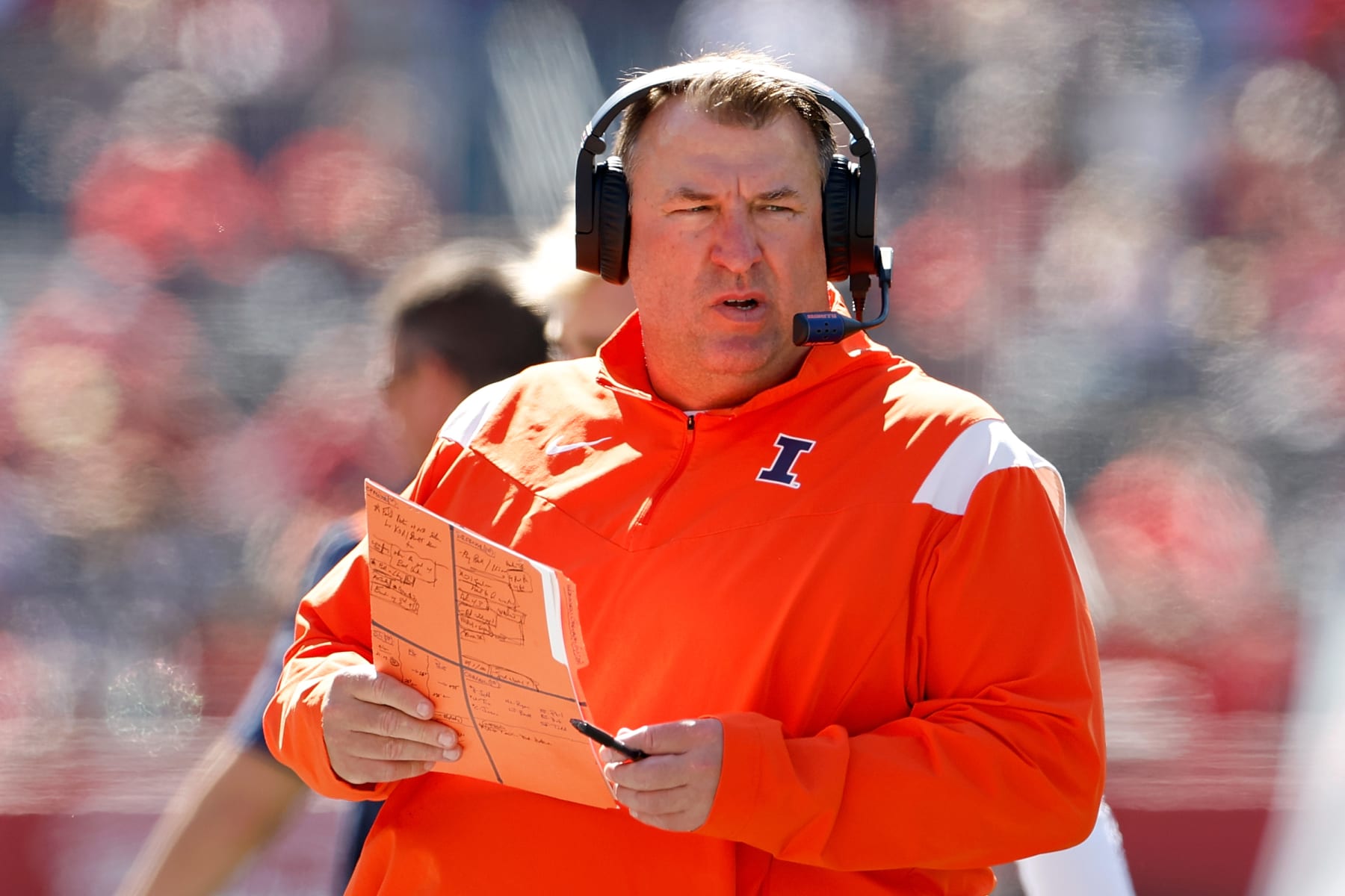 MADISON, WISCONSIN - OCTOBER 01:  Head coach Bret Bielema of the Illinois Fighting Illini looks on in the third quarter against the Wisconsin Badgers at Camp Randall Stadium on October 01, 2022 in Madison, Wisconsin. (Photo by John Fisher/Getty Images)