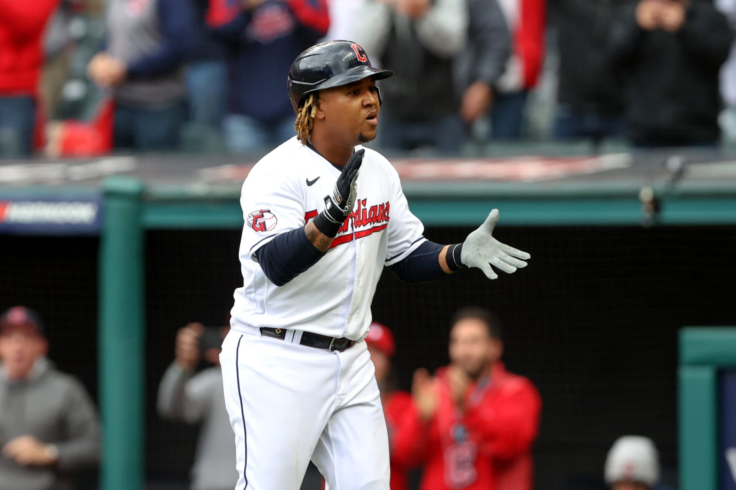 CLEVELAND, OH - OCTOBER 07: Cleveland Guardians third baseman Jose Ramirez (11) celebrates after hitting a 2-run home run during the sixth inning of the Major League Baseball Wild Card Series Game 1 between the Tampa Bay Rays and Cleveland Guardians on October 7, 2022, at Progressive Field in Cleveland, OH. (Photo by Frank Jansky/Icon Sportswire via Getty Images)