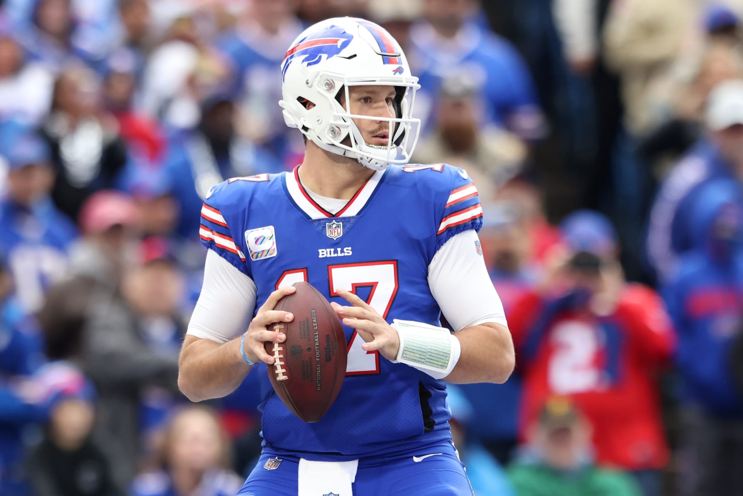 ORCHARD PARK, NEW YORK - OCTOBER 09: Josh Allen #17 of the Buffalo Bills looks to pass against the Pittsburgh Steelers at Highmark Stadium on October 09, 2022 in Orchard Park, New York. (Photo by Bryan M. Bennett/Getty Images)
