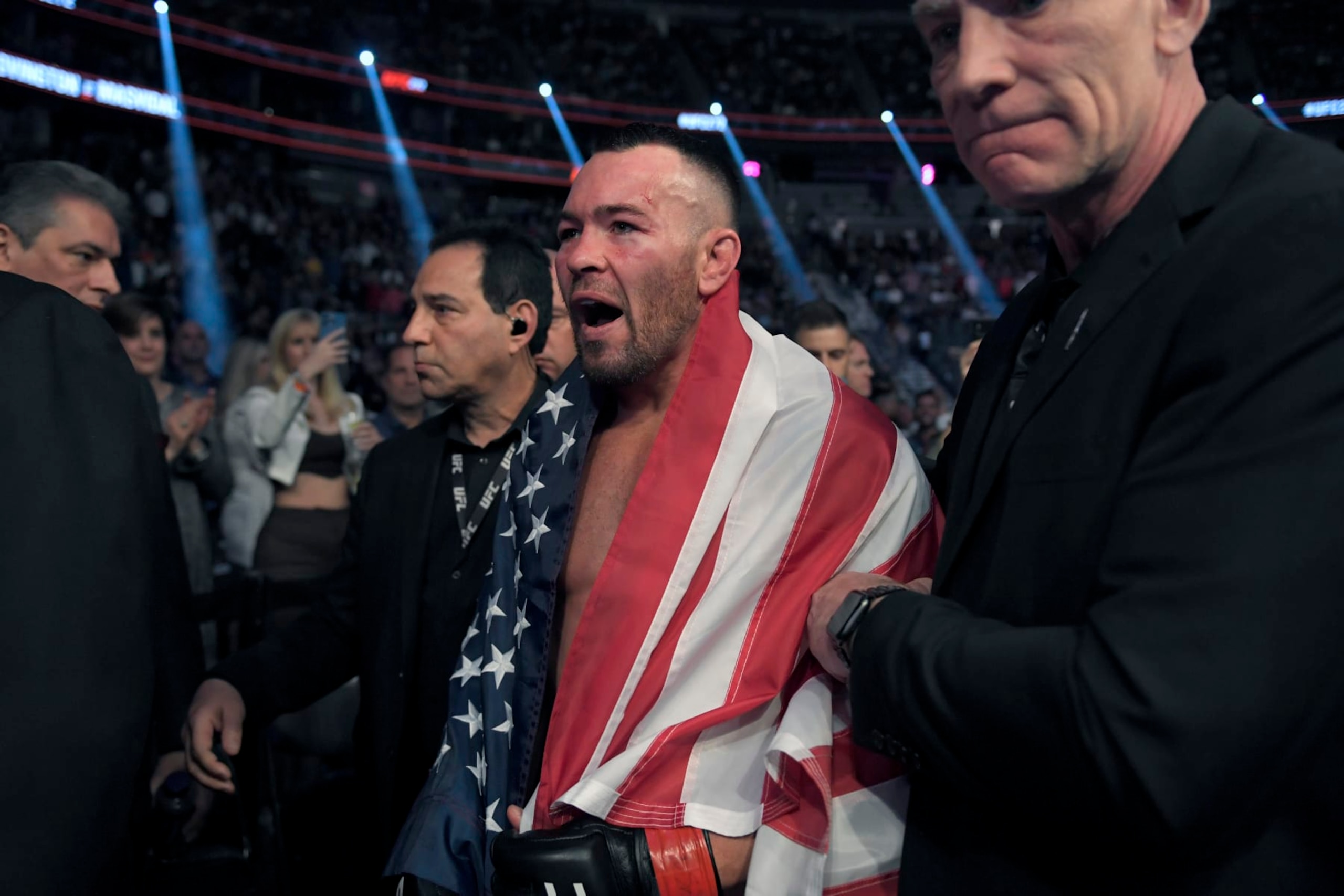 LAS VEGAS, NEVADA - MARCH 05: Colby Covington exits the Octagon after his welterweight fight against Jorge Masvidal during UFC 272 at T-Mobile Arena on March 05, 2022 in Las Vegas, Nevada. (Photo by David Becker/Getty Images)