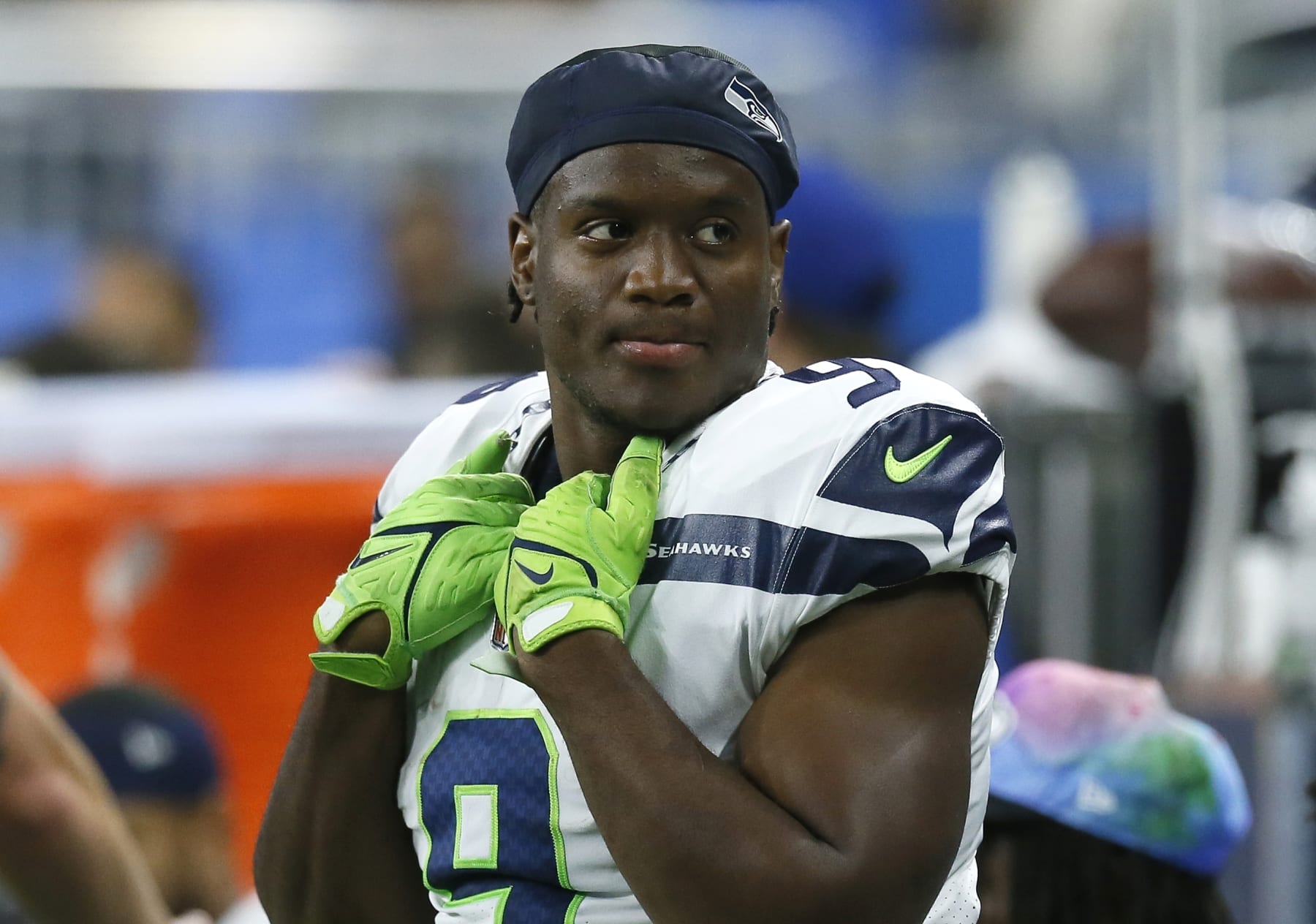 Seattle Seahawks running back Kenneth Walker III (9) during the first half of an NFL football game against the Detroit Lions, Sunday, Oct. 2, 2022, in Detroit. (AP Photo/Duane Burleson)