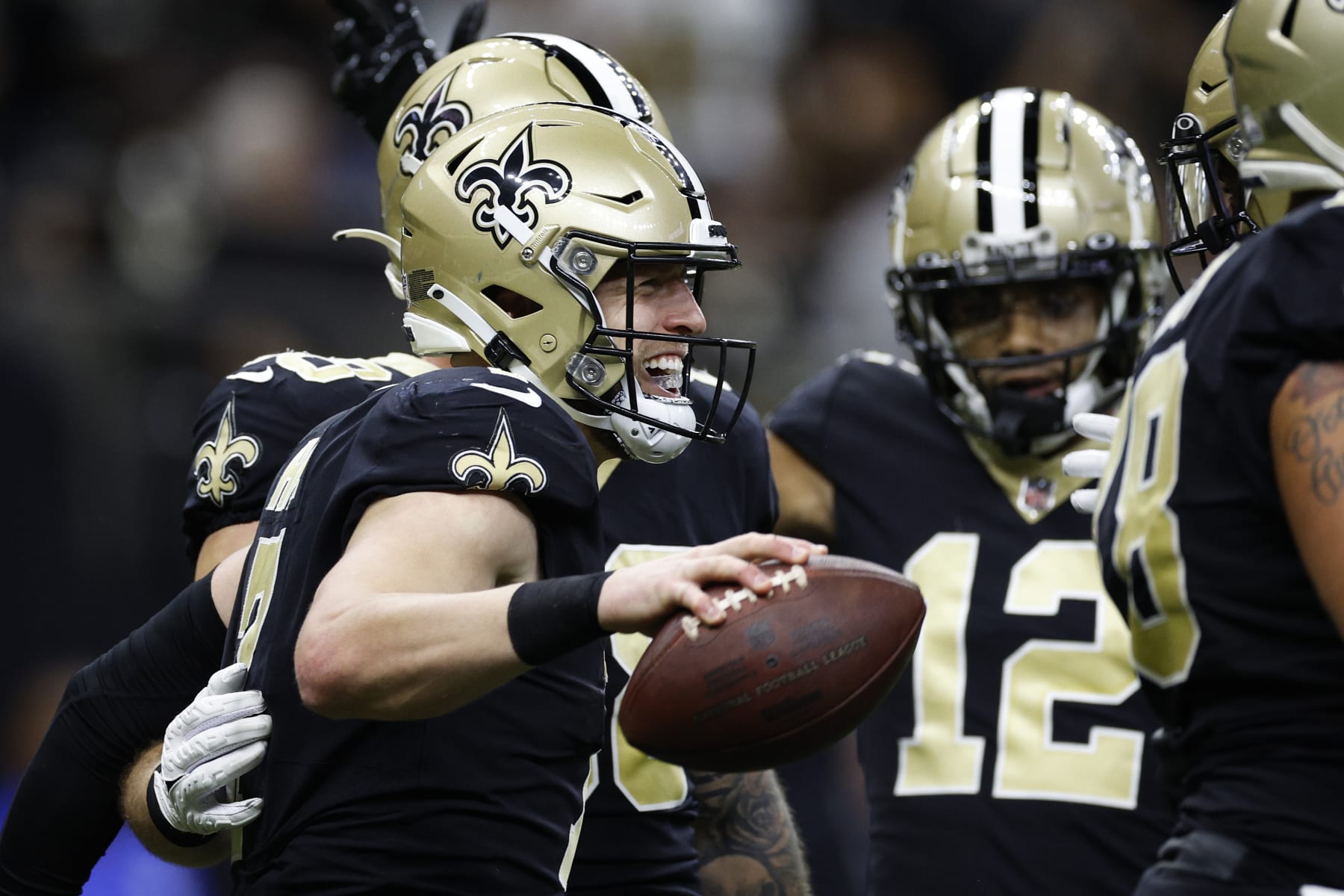 NEW ORLEANS, LOUISIANA - OCTOBER 09: Taysom Hill #7 of the New Orleans Saints reacts after scoring a touchdown in the second quarter of the game against the Seattle Seahawks at Caesars Superdome on October 09, 2022 in New Orleans, Louisiana. (Photo by Chris Graythen/Getty Images)