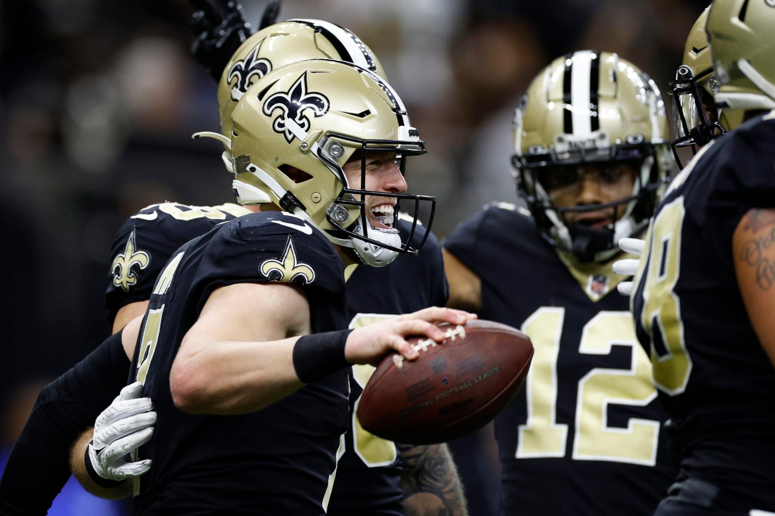 NEW ORLEANS, LOUISIANA - OCTOBER 09: Taysom Hill #7 of the New Orleans Saints reacts after scoring a touchdown in the second quarter of the game against the Seattle Seahawks at Caesars Superdome on October 09, 2022 in New Orleans, Louisiana. (Photo by Chris Graythen/Getty Images)