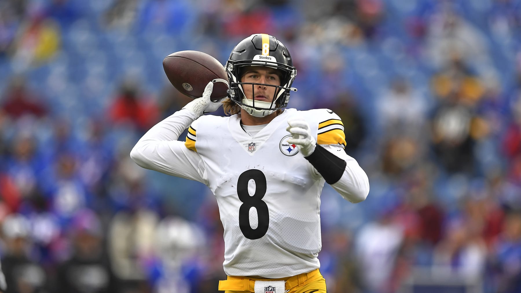 Pittsburgh Steelers quarterback Kenny Pickett (8) throws a pass during the second half of an NFL football gameagainst the Buffalo Bills in Orchard Park, N.Y., Sunday, Oct. 9, 2022. The Bills won 38-3. (AP Photo/Adrian Kraus)