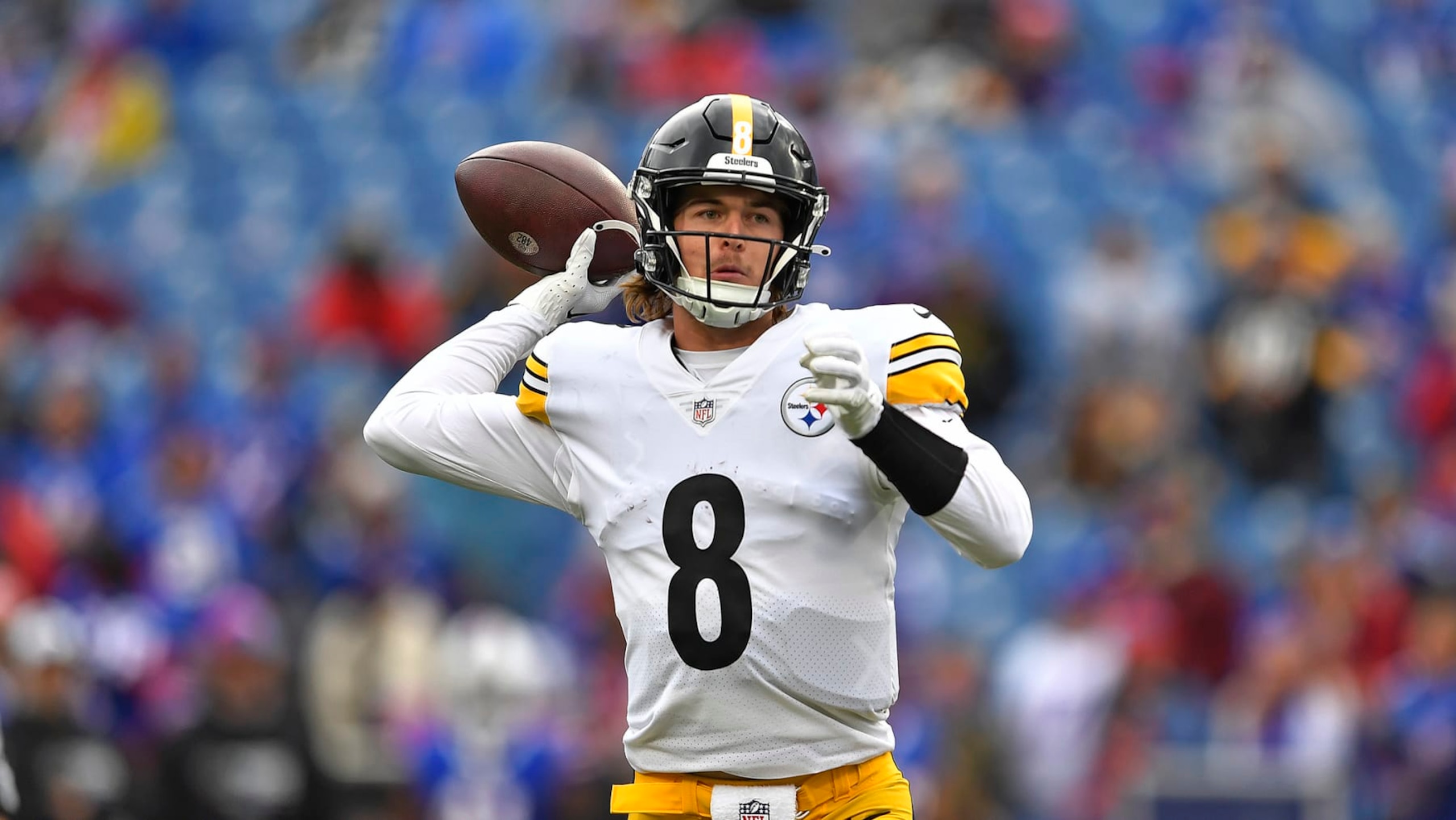 Pittsburgh Steelers quarterback Kenny Pickett (8) throws a pass during the second half of an NFL football gameagainst the Buffalo Bills in Orchard Park, N.Y., Sunday, Oct. 9, 2022. The Bills won 38-3. (AP Photo/Adrian Kraus)