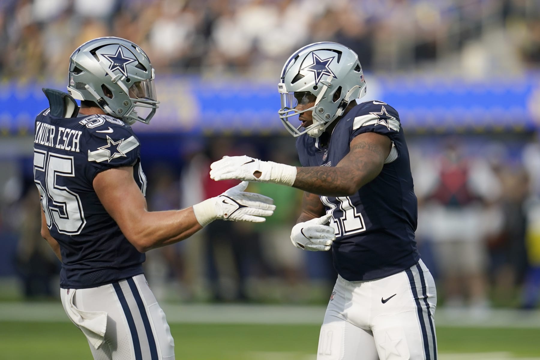 Dallas Cowboys' Leighton Vander Esch, left, and Micah Parsons, right, celebrate after Parsons sacked Los Angeles Rams' Matthew Stafford in the second half of an NFL football game, Sunday, Oct. 9, 2022, in Inglewood, Calif. (AP Photo/Ashley Landis) Dallas Cowboys' Leighton Vander Esch, left, and Micah Parsons, right, celebrate after Parsons sacked Los Angeles Rams' Matthew Stafford in the second half of an NFL football game, Sunday, Oct. 9, 2022, in Inglewood, Calif. (AP Photo/Ashley Landis)