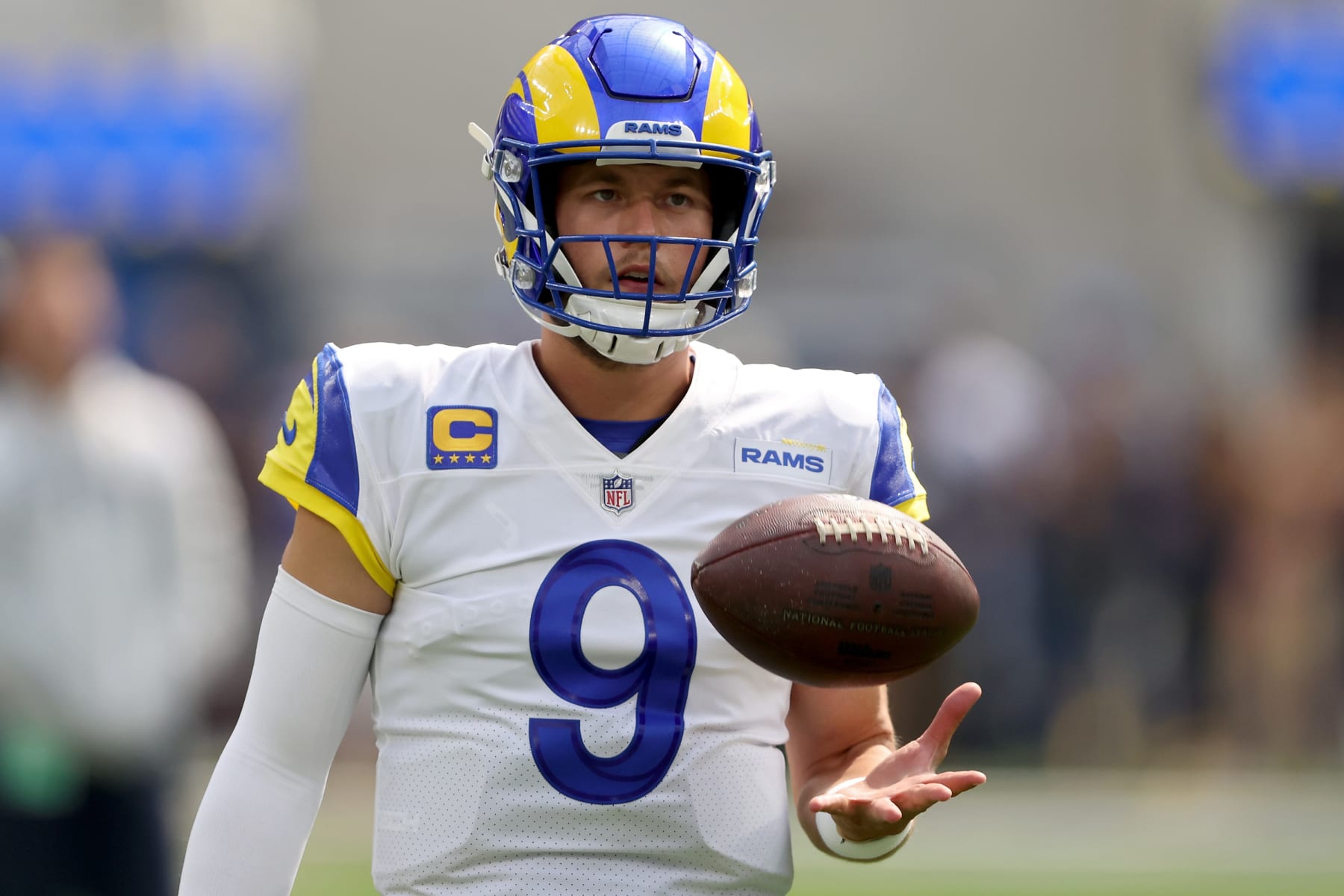 INGLEWOOD, CALIFORNIA - OCTOBER 09: Matthew Stafford #9 of the Los Angeles Rams warms up against the Dallas Cowboys at SoFi Stadium on October 09, 2022 in Inglewood, California. (Photo by Sean M. Haffey/Getty Images)