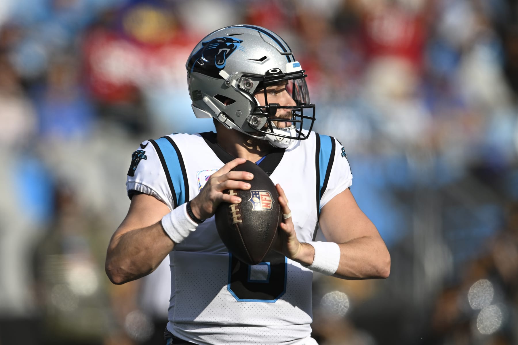 CHARLOTTE, NORTH CAROLINA - OCTOBER 09: Baker Mayfield #6 of the Carolina Panthers looks to throw the ball during the first quarter against the San Francisco 49ers at Bank of America Stadium on October 09, 2022 in Charlotte, North Carolina. (Photo by Eakin Howard/Getty Images)