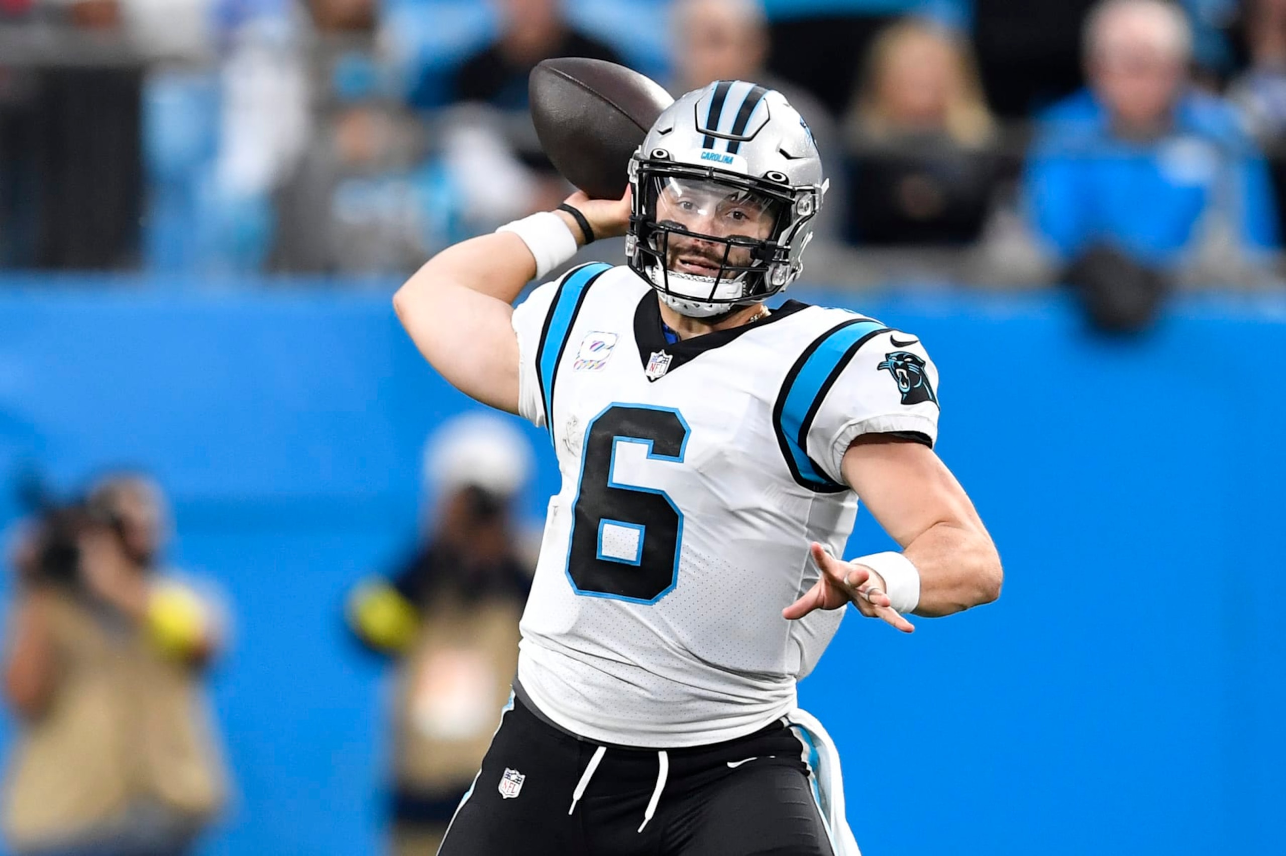 CHARLOTTE, NORTH CAROLINA - OCTOBER 09: Baker Mayfield #6 of the Carolina Panthers looks to throw the ball during the second half against the San Francisco 49ers at Bank of America Stadium on October 09, 2022 in Charlotte, North Carolina. (Photo by Mike Comer/Getty Images)