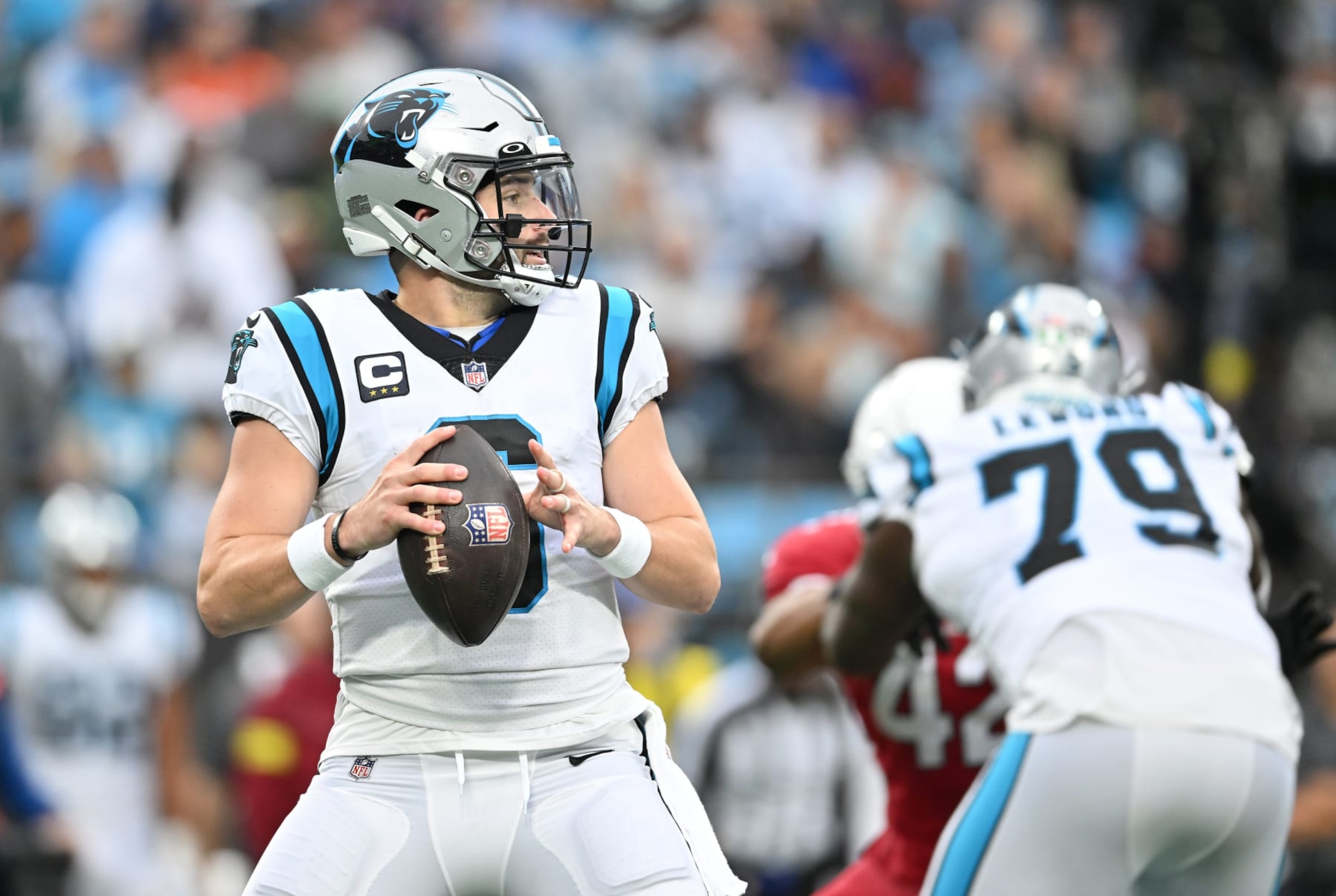 CHARLOTTE, NORTH CAROLINA - OCTOBER 02: Baker Mayfield #6 of the Carolina Panthers looks to pass against the Arizona Cardinals during their game at Bank of America Stadium on October 02, 2022 in Charlotte, North Carolina. (Photo by Grant Halverson/Getty Images)