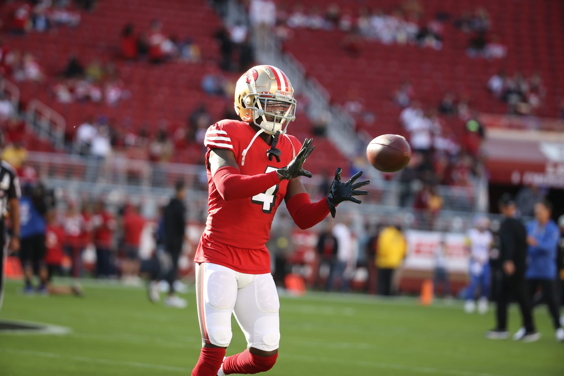 SANTA CLARA, CA - OCTOBER 03:  San Francisco 49ers cornerback Emmanuel Moseley (4) during the NFL game between the Los Angeles Rams and the San Francisco 49ers on October 03, 2022, at Levi's Stadium in Santa Clara, CA. (Photo by Jevone Moore/Icon Sportswire via Getty Images)