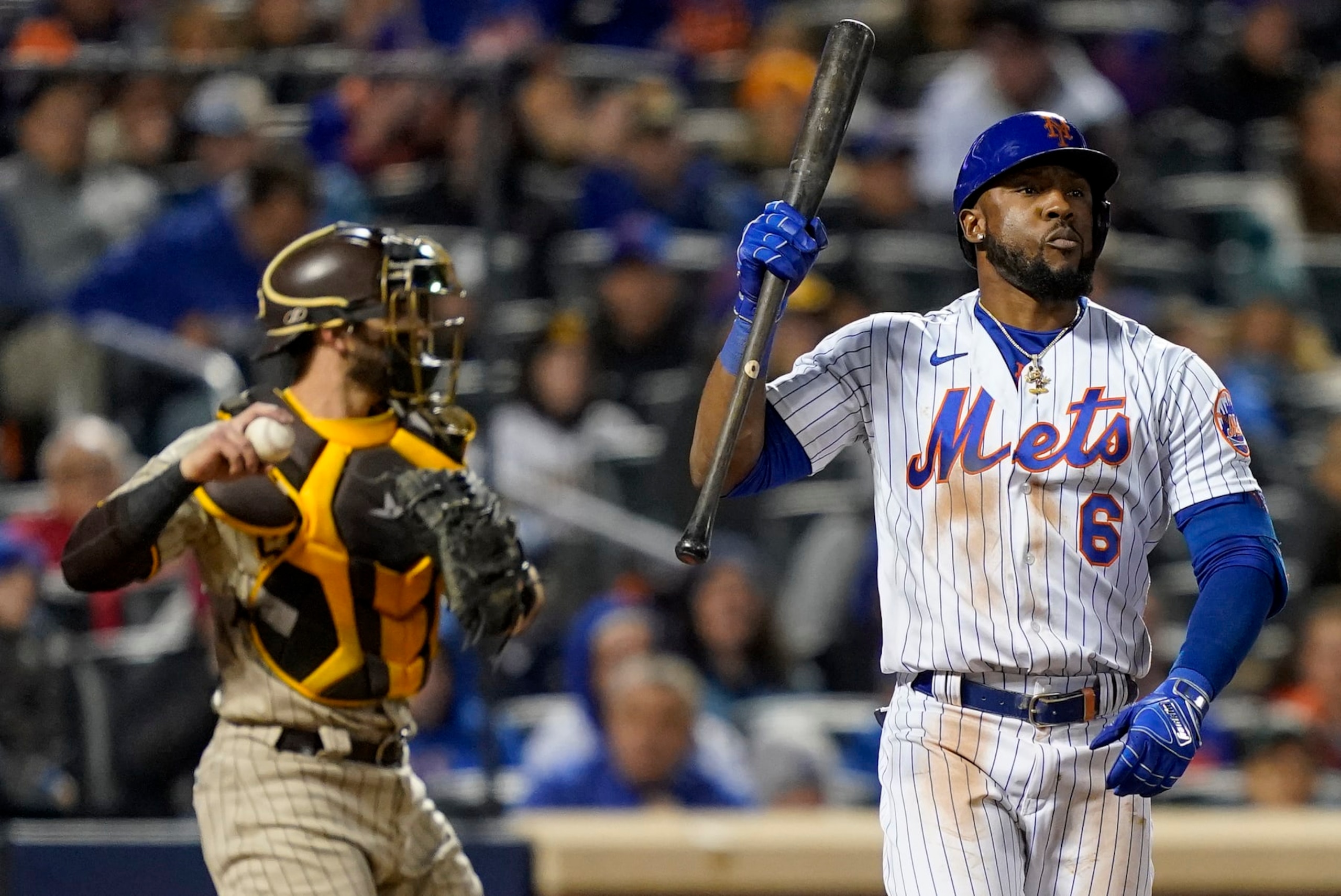 New York Mets Starling Marte (6) reacts after striking out against the San Diego Padres during the seventh inning of Game 2 of a National League wild-card baseball playoff series, Saturday, Oct. 8, 2022, in New York. (AP Photo/John Minchillo)