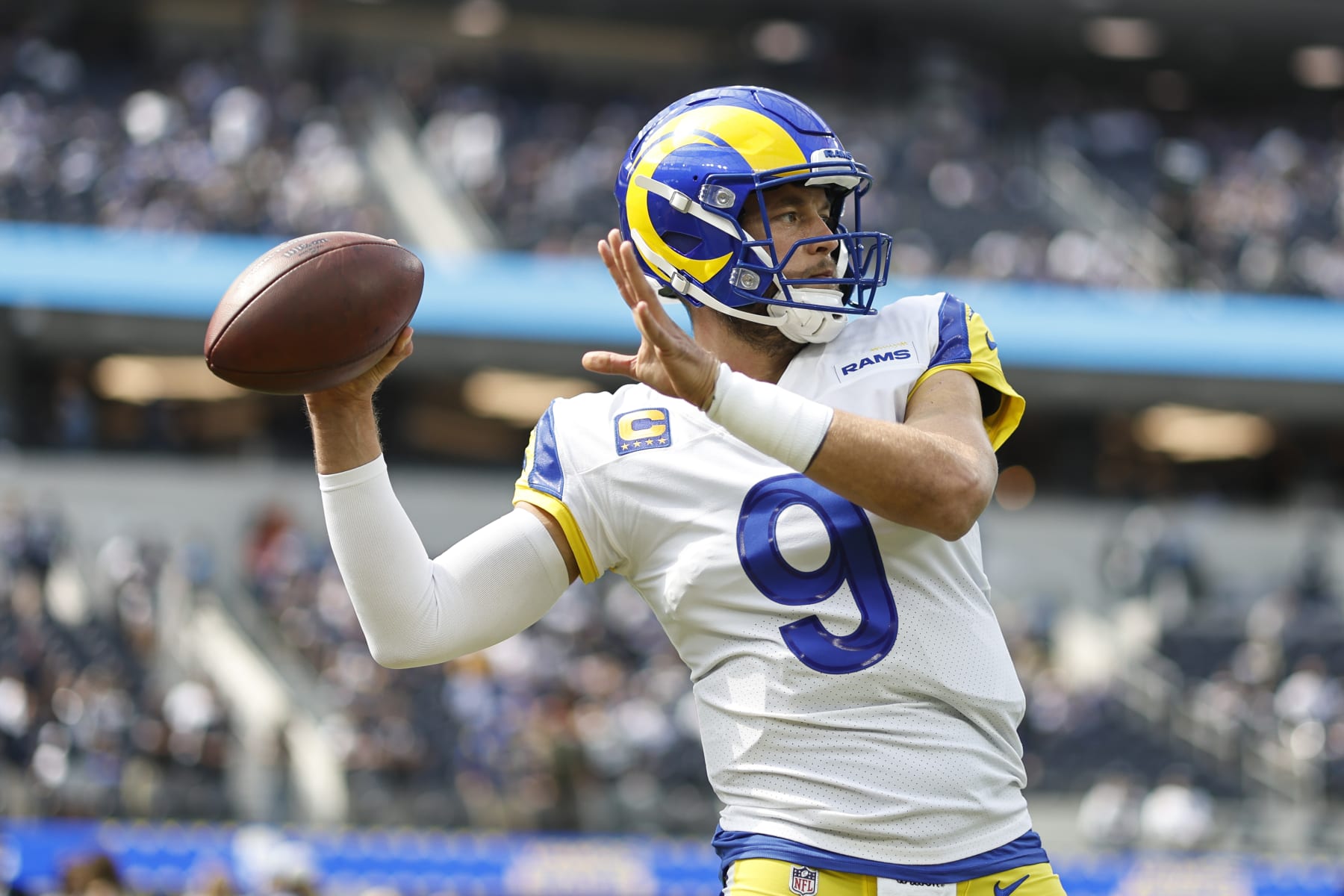 INGLEWOOD, CALIFORNIA - OCTOBER 09: Matthew Stafford #9 of the Los Angeles Rams warms up prior to a game against the Dallas Cowboys at SoFi Stadium on October 09, 2022 in Inglewood, California. (Photo by Michael Owens/Getty Images)