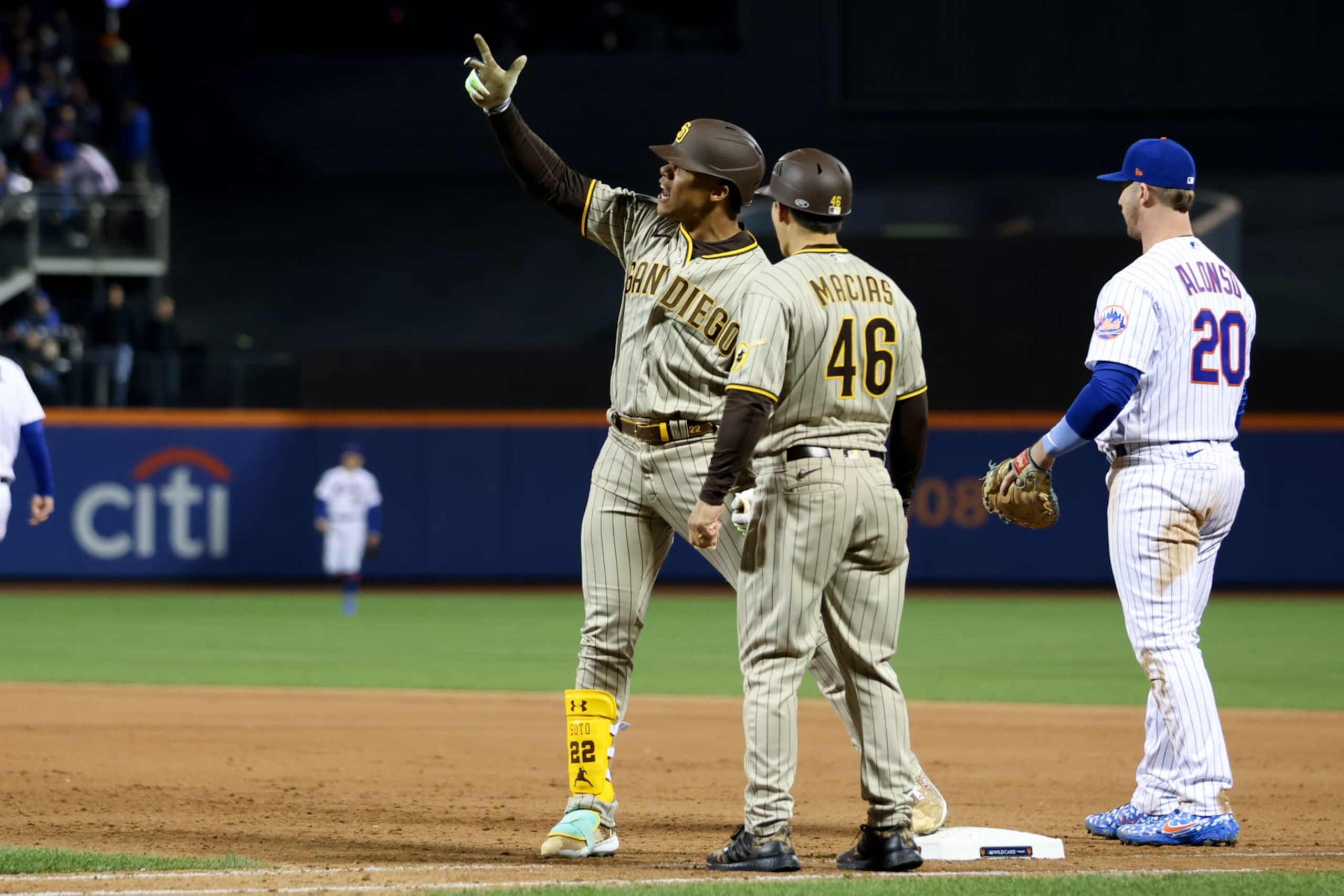 NEW YORK, NY - OCTOBER 09:   Juan Soto #22 of the San Diego Padres reacts after hitting a two RBI single in the eighth inning during the Wild Card Series game between the San Diego Padres and the New York Mets at Citi Field on Sunday, October 9, 2022 in New York, New York. (Photo by Rob Tringali/MLB Photos via Getty Images)