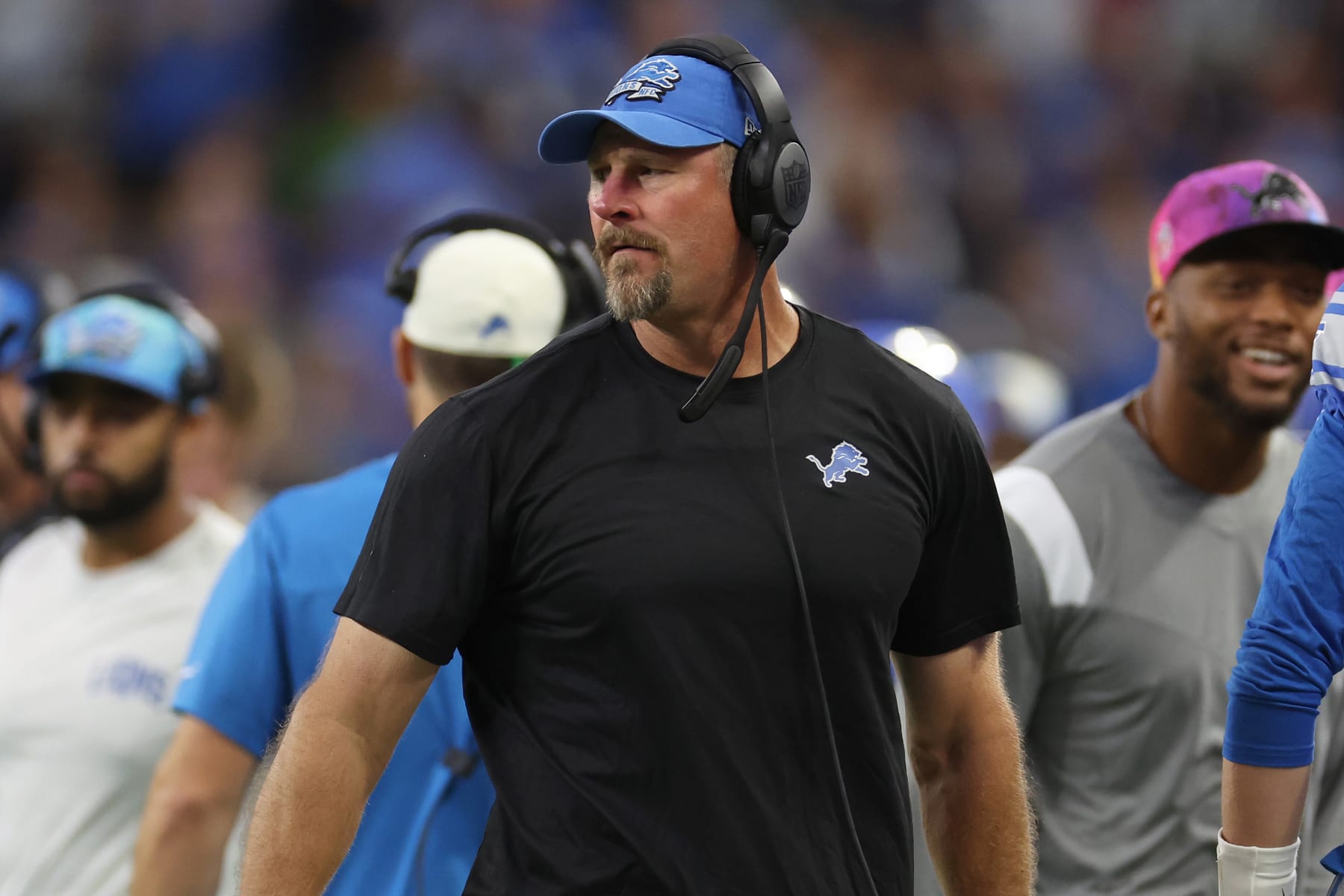 DETROIT, MICHIGAN - OCTOBER 02: Head coach Dan Campbell of the Detroit Lions looks on during the first half of the game against the Seattle Seahawks at Ford Field on October 02, 2022 in Detroit, Michigan. (Photo by Gregory Shamus/Getty Images)