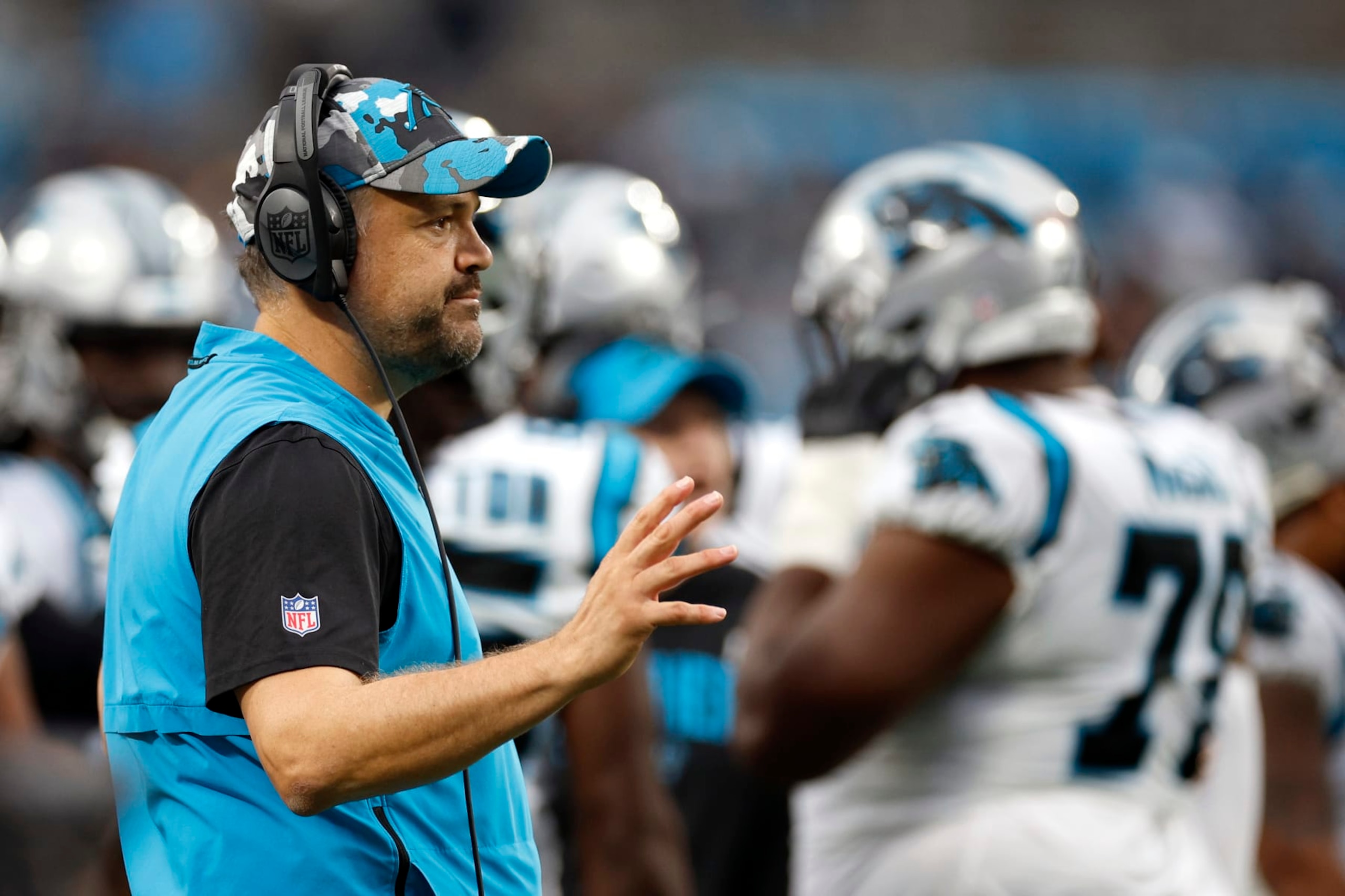 CHARLOTTE, NORTH CAROLINA - OCTOBER 02: Head coach Matt Rhule of the Carolina Panthers reacts during the first half of their game against the Arizona Cardinals at Bank of America Stadium on October 02, 2022 in Charlotte, North Carolina. (Photo by Jared C. Tilton/Getty Images)
