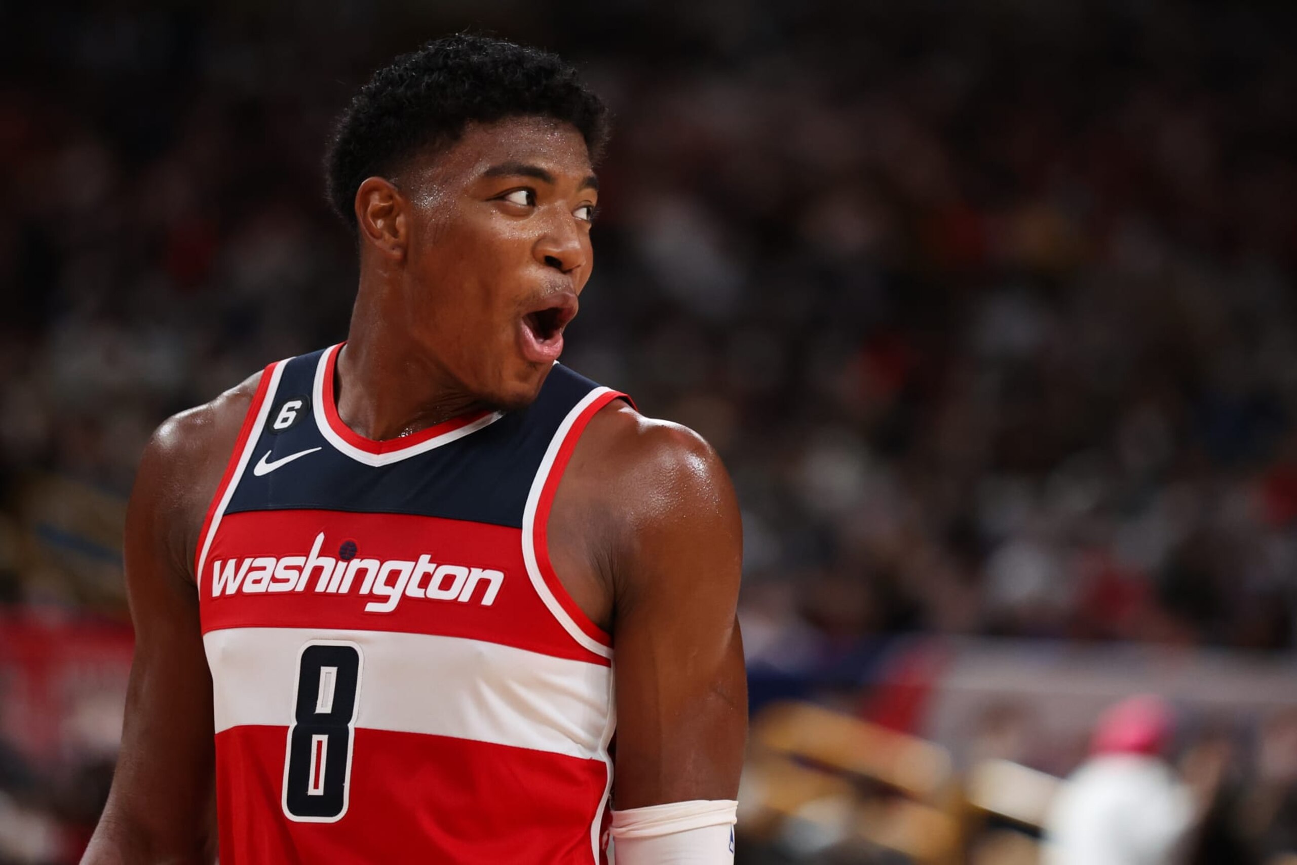SAITAMA, JAPAN - OCTOBER 02: Rui Hachimura #8 of the Washington Wizards reacts during the Washington Wizards v Golden State Warriors - NBA Japan Games at Saitama Super Arena on October 02, 2022 in Saitama, Japan.  NOTE TO USER: User expressly acknowledges and agrees that, by downloading and or using this Photograph, user is consenting to the terms and conditions of the Getty Images License Agreement.    (Photo by Takashi Aoyama/Getty Images)