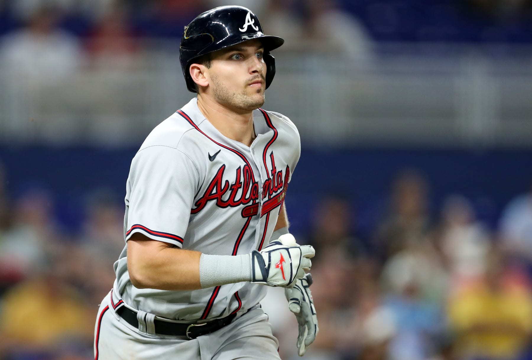MIAMI, FLORIDA - OCTOBER 04: Austin Riley #27 of the Atlanta Braves in action against the Miami Marlins at loanDepot park on October 04, 2022 in Miami, Florida. (Photo by Megan Briggs/Getty Images)