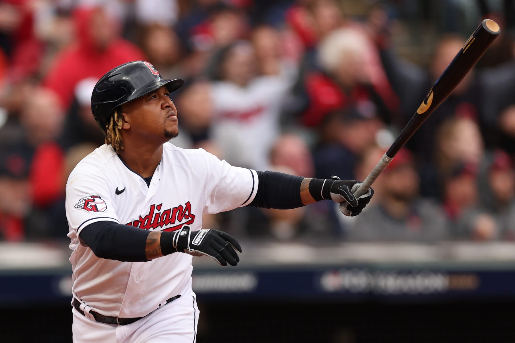 CLEVELAND, OHIO - OCTOBER 07: Jose Ramirez #11 of the Cleveland Guardians hits a two RBI home run in the sixth inning against the Tampa Bay Rays in game one of the Wild Card Series at Progressive Field on October 07, 2022 in Cleveland, Ohio. (Photo by Patrick Smith/Getty Images)